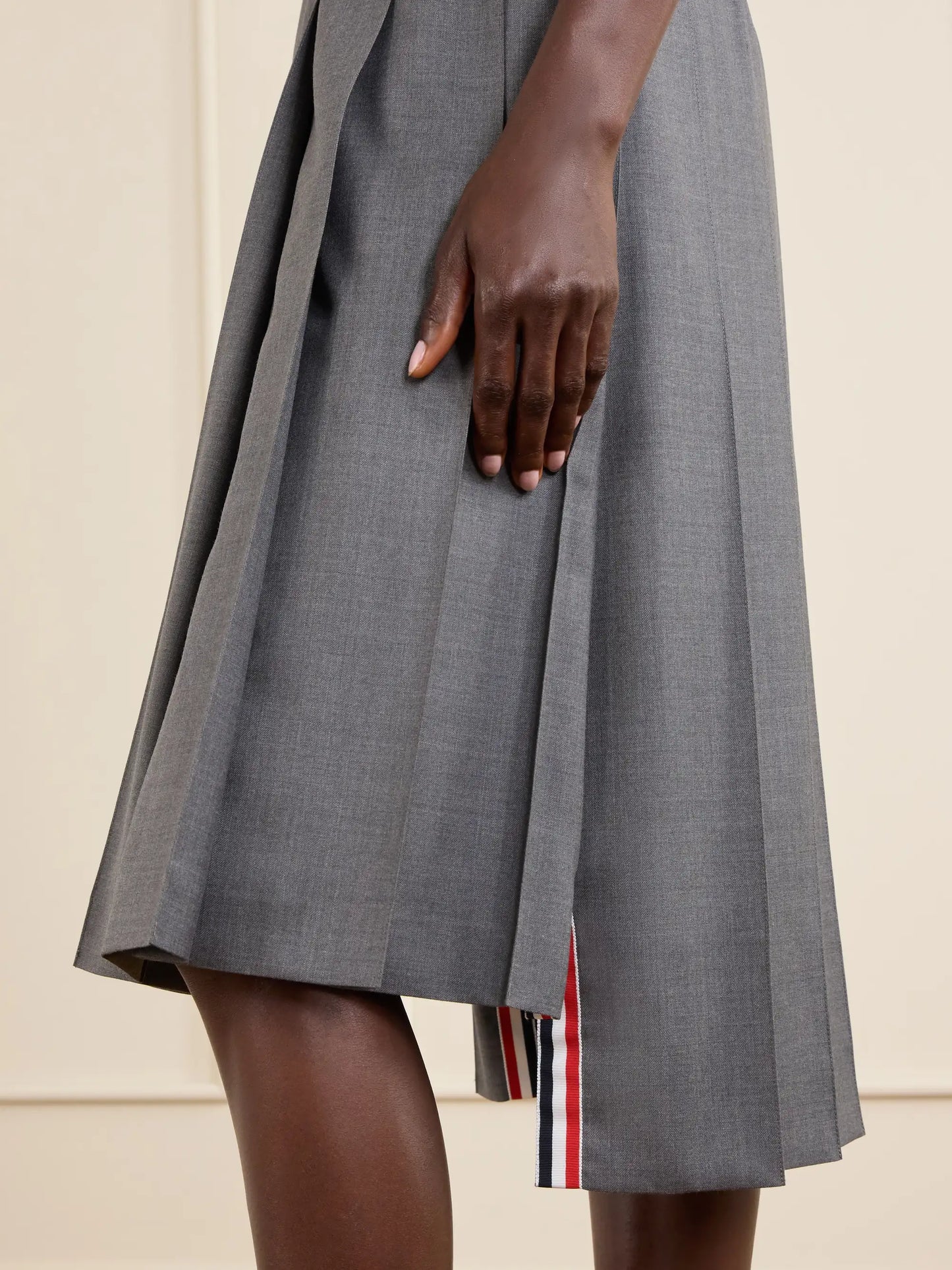 Asymmetric Grosgrain-trimmed Pleated Wool Midi Skirt