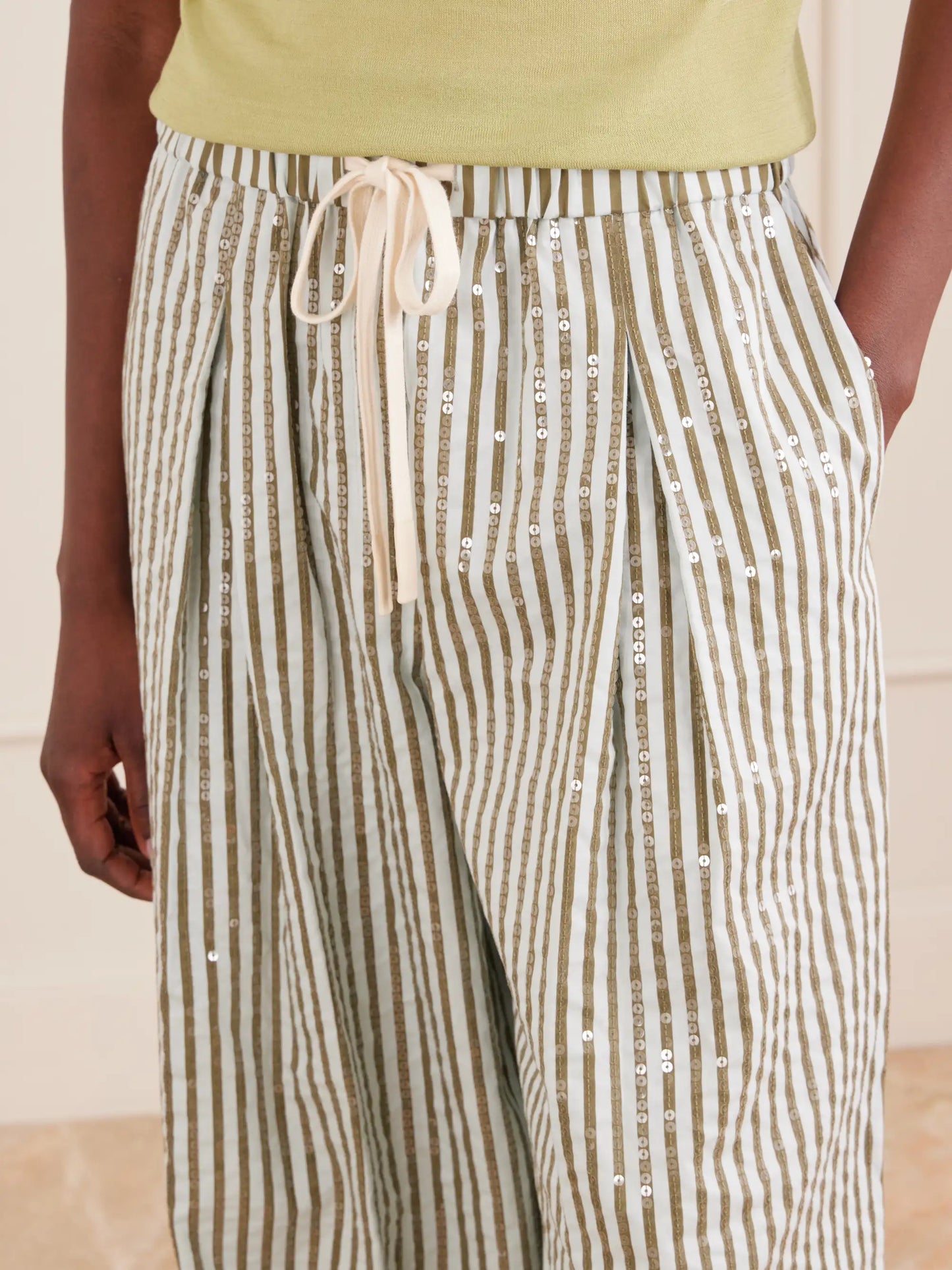 Pj Sequin-trimmed Striped Cotton-blend Wide-leg Drawstring Pants