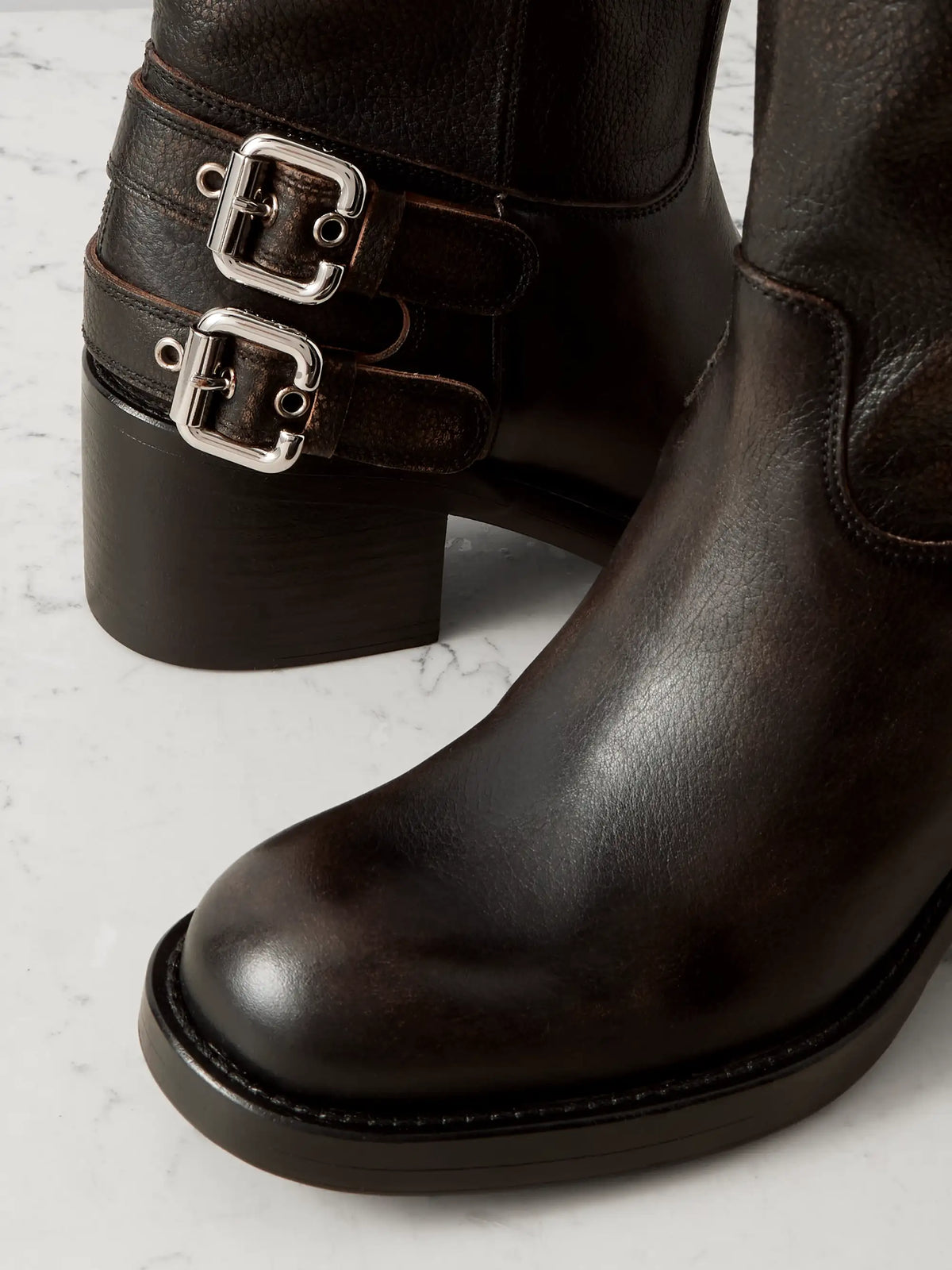 Buckled Textured-leather Ankle Boots