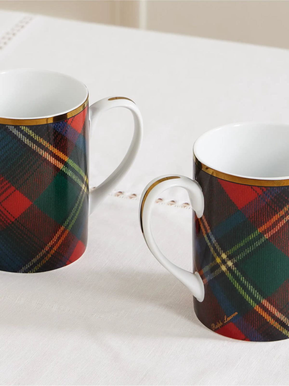 Alexander Set Of Four Gold-plated Checked Porcelain Mugs