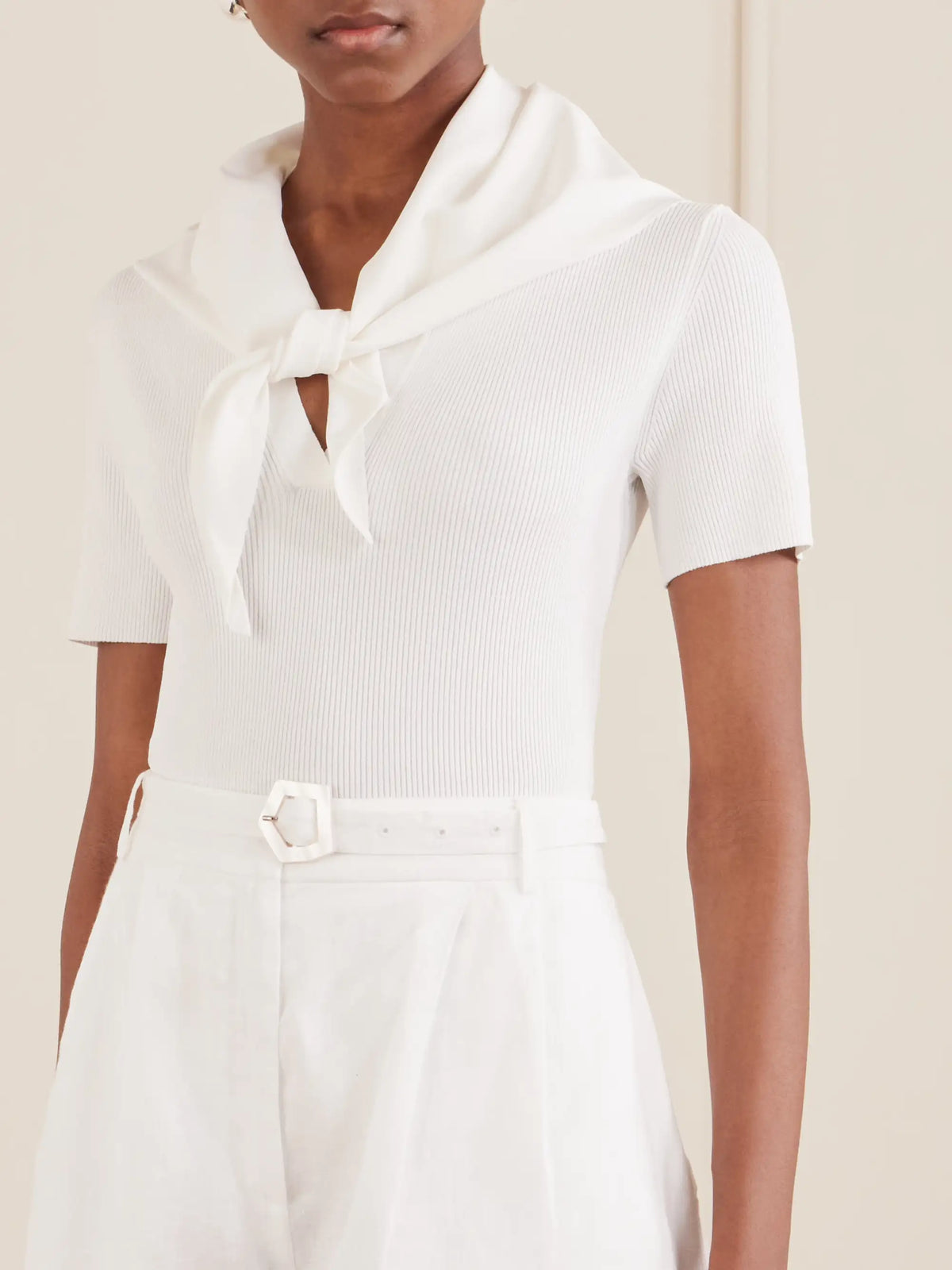 Tie-detailed Ribbed-knit T-shirt