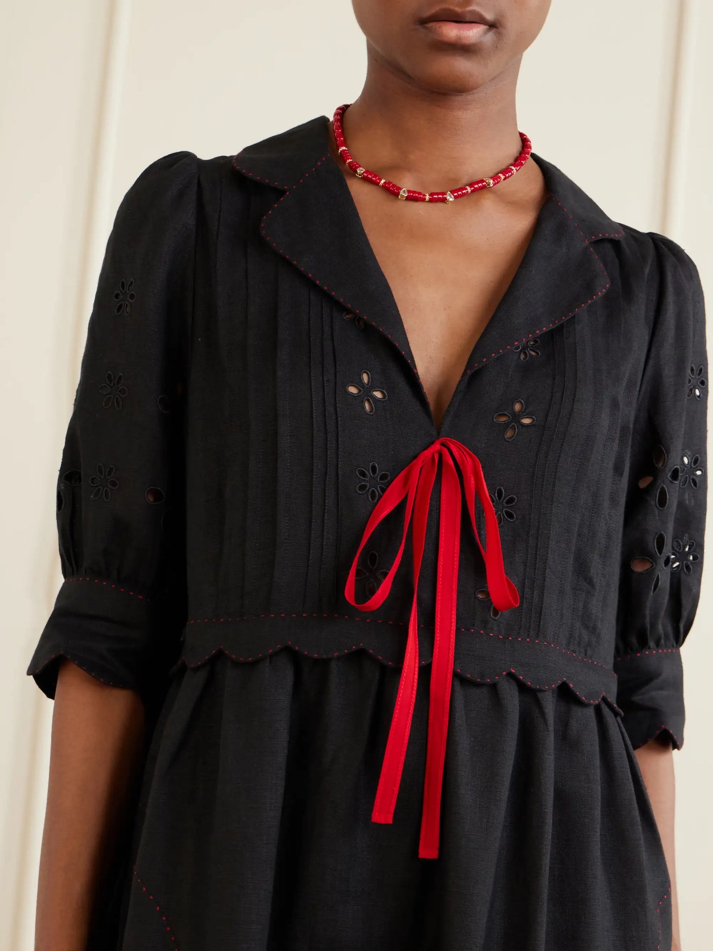 Bari Tie-detailed Broderie Anglaise-trimmed Linen Midi Dress
