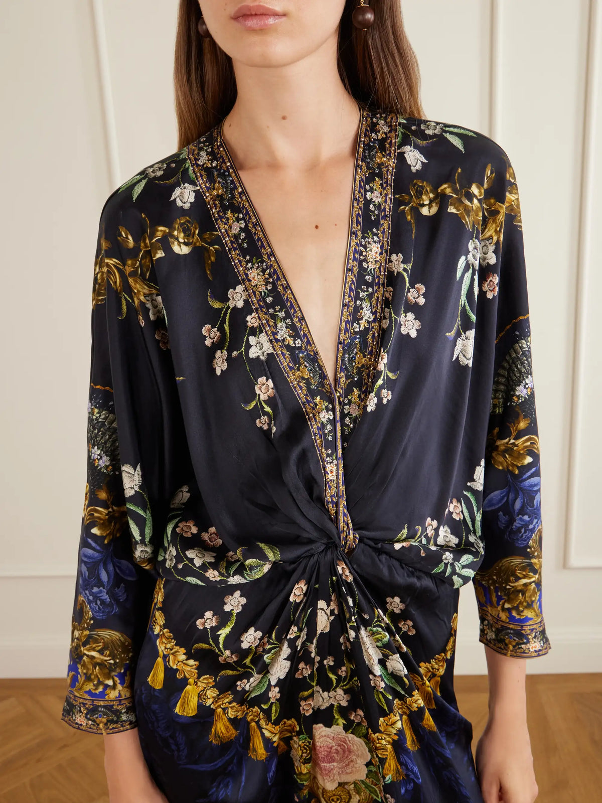 Gathered Embellished Printed Silk Maxi Dress