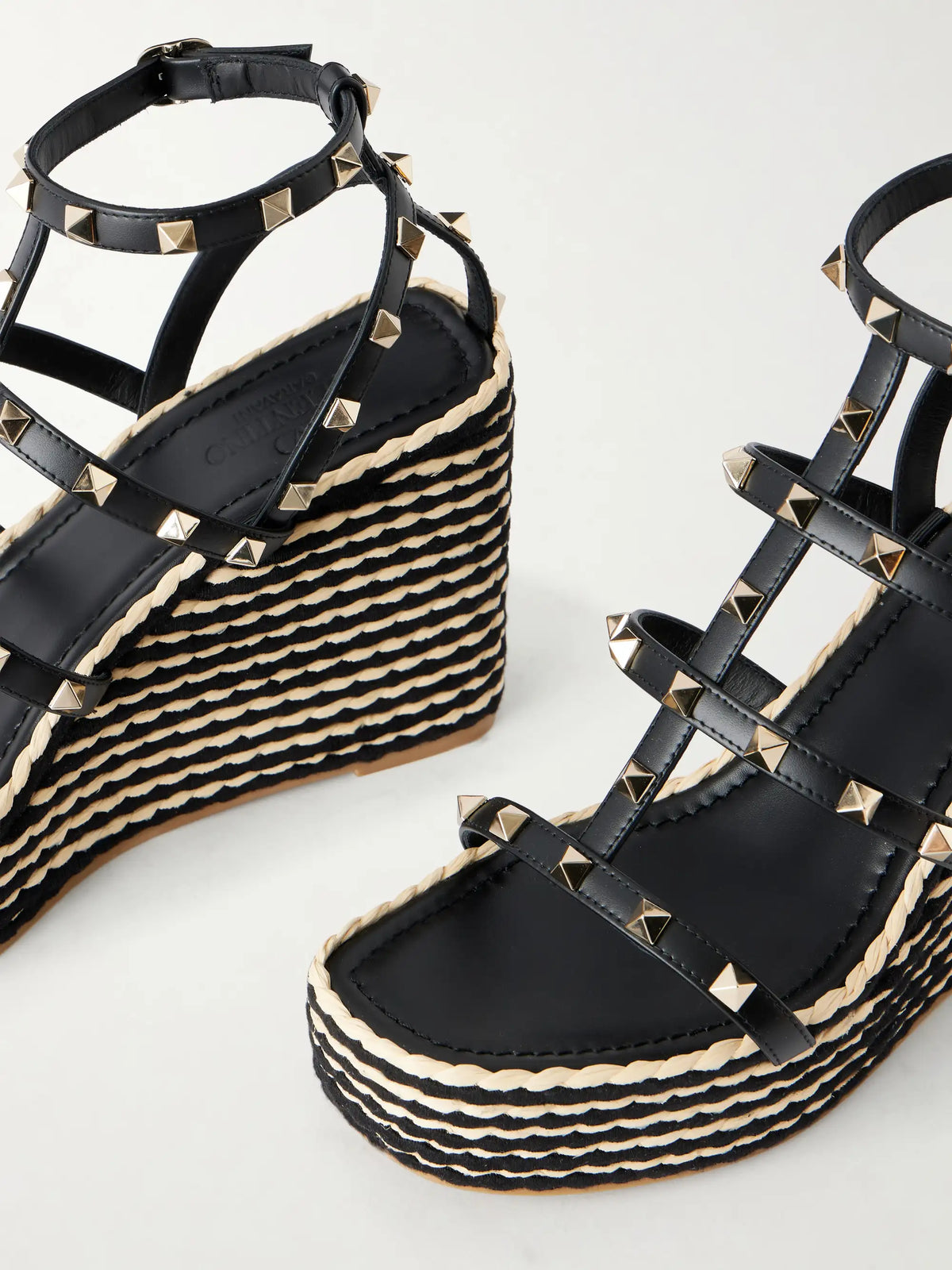 Rockstud Embellished Leather Wedge Espadrilles