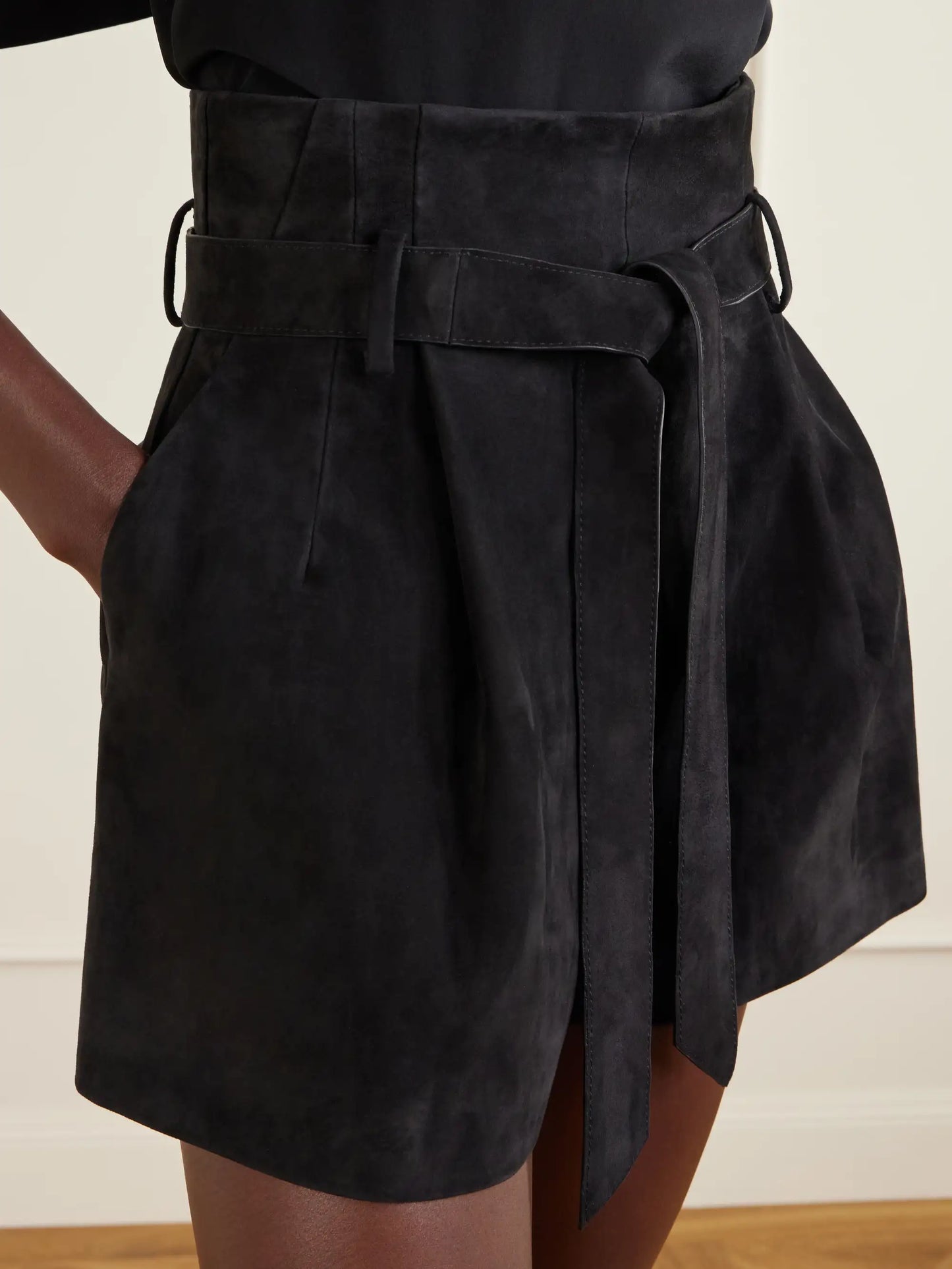 Livia Belted Pleated Suede Shorts