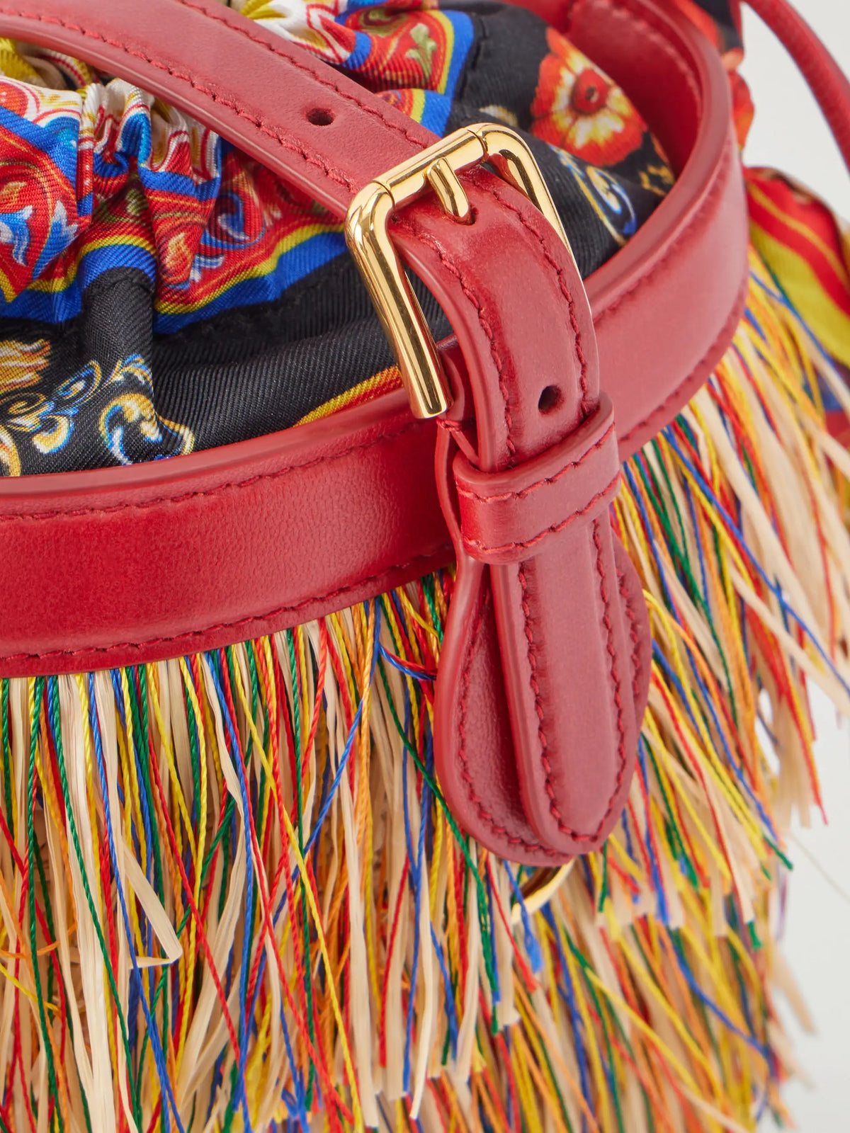 Capri Fringed Leather And Twill-trimmed Raffia Bucket Bag