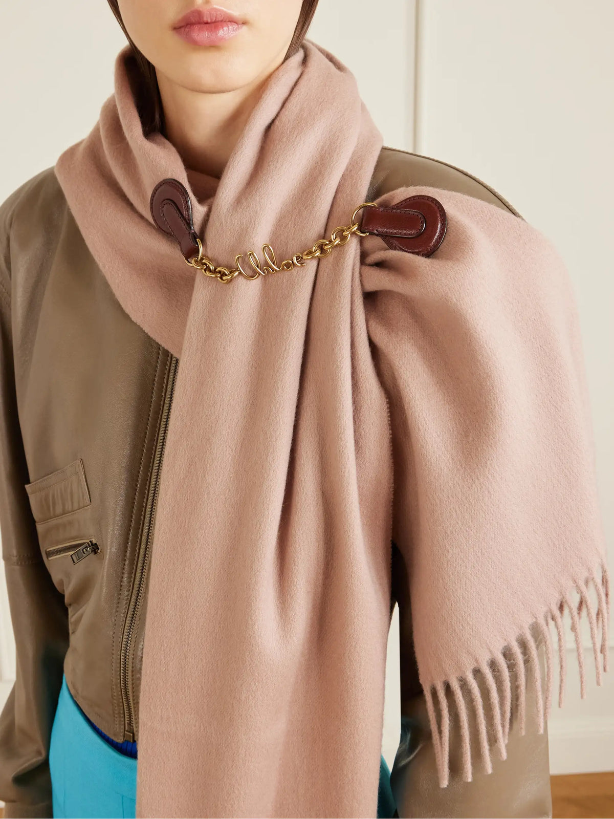 Fringed Embellished Leather-trimmed Wool Scarf