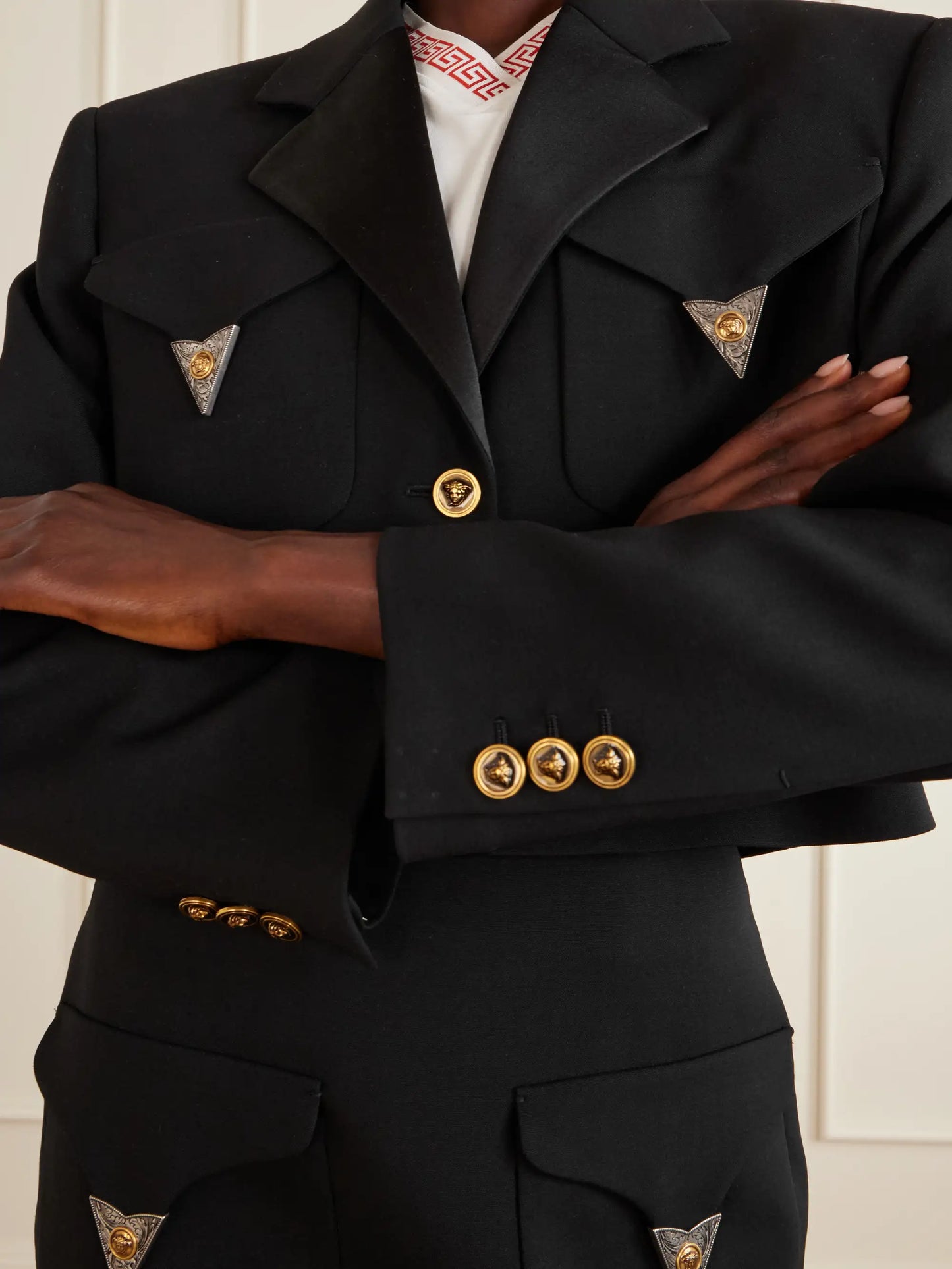 Medusa-embellished Cropped Wool Jacket