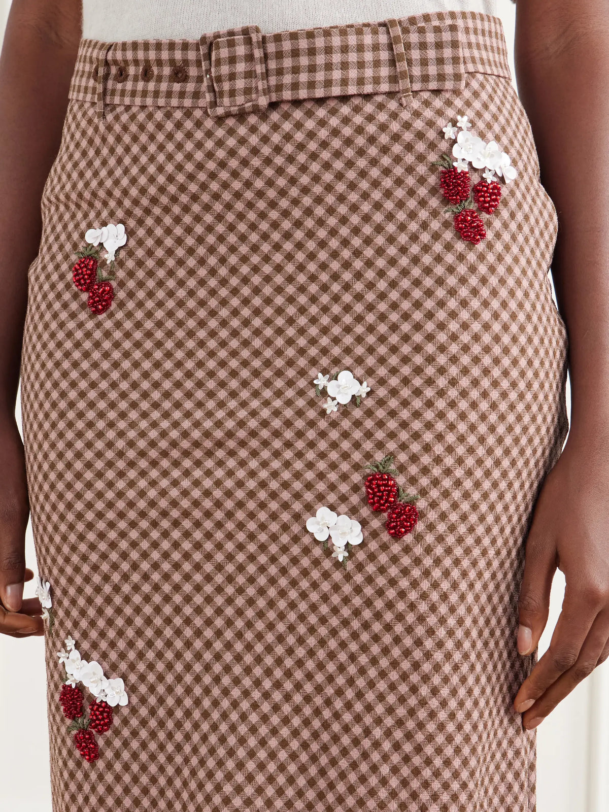 BERNADETTE Chuck Belted Bead-embellished Checked Wool Maxi Skirt