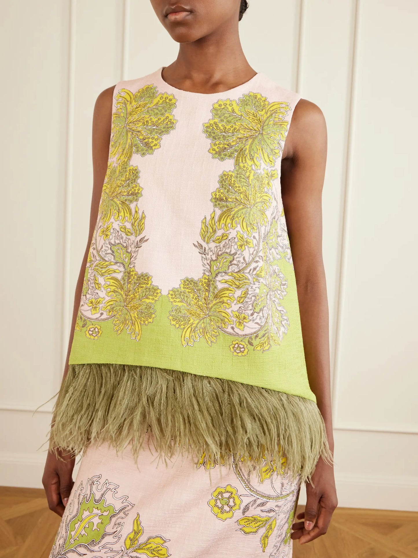 La Scala Printed Feather-trimmed Cotton-blend Top