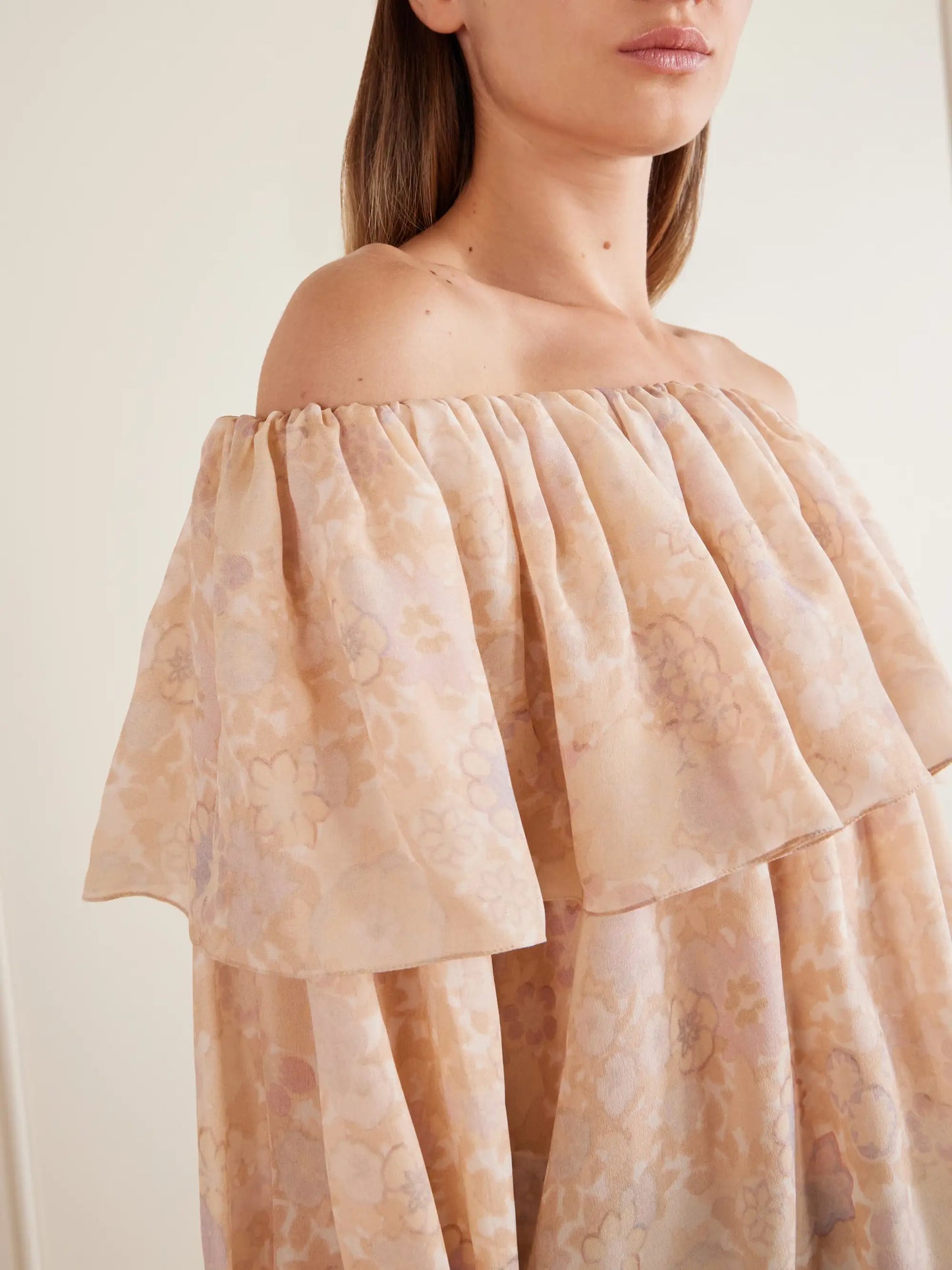 Off-the-shoulder Ruffled Floral-print Silk-charmeuse Blouse