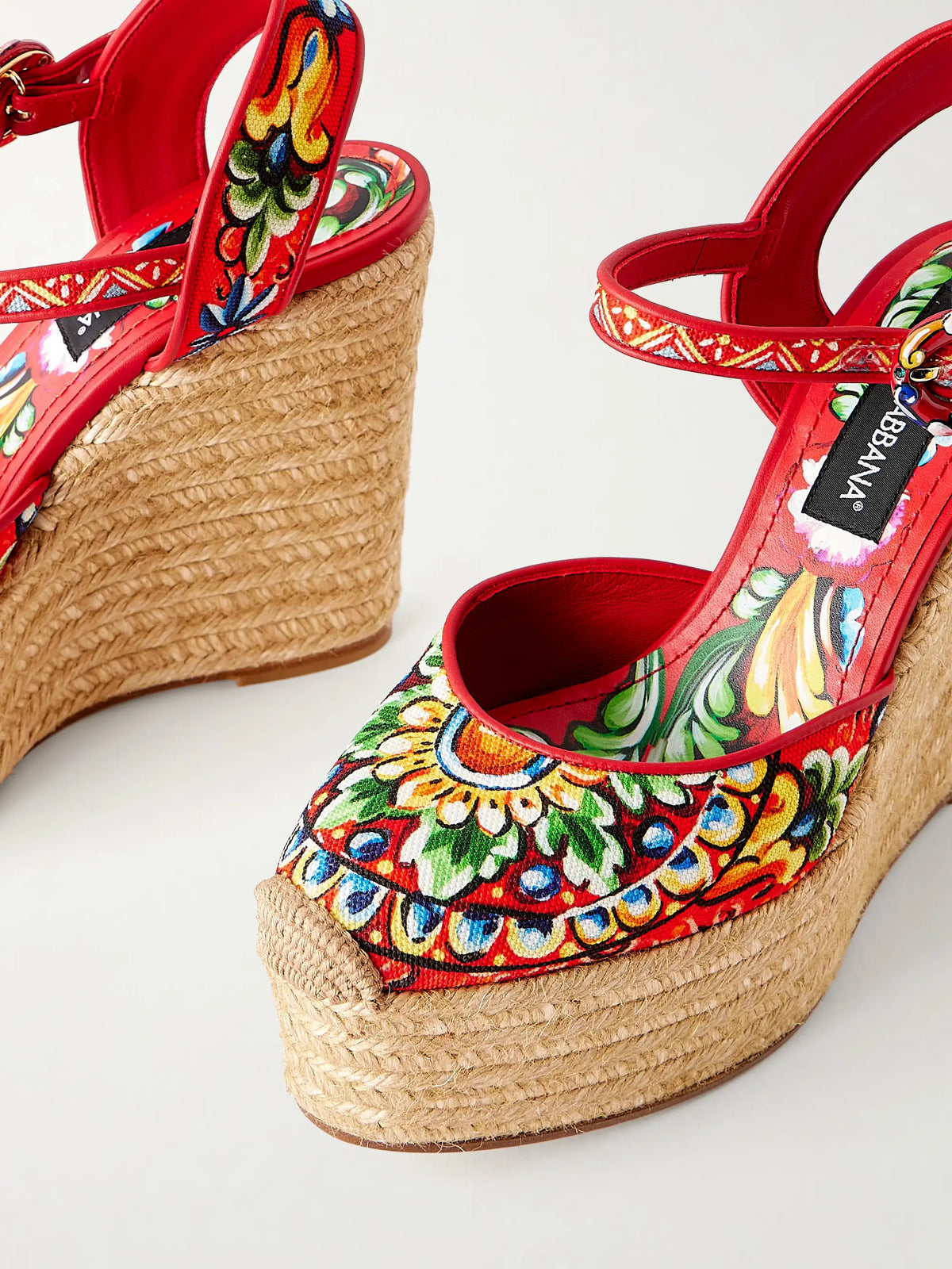 Printed Leather-trimmed Canvas Wedge Sandals