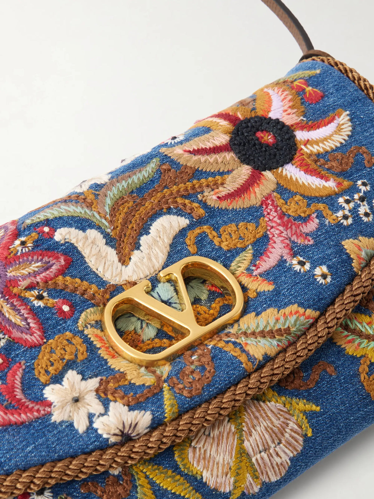Devain Small Leather-trimmed Embroidered Denim Shoulder Bag