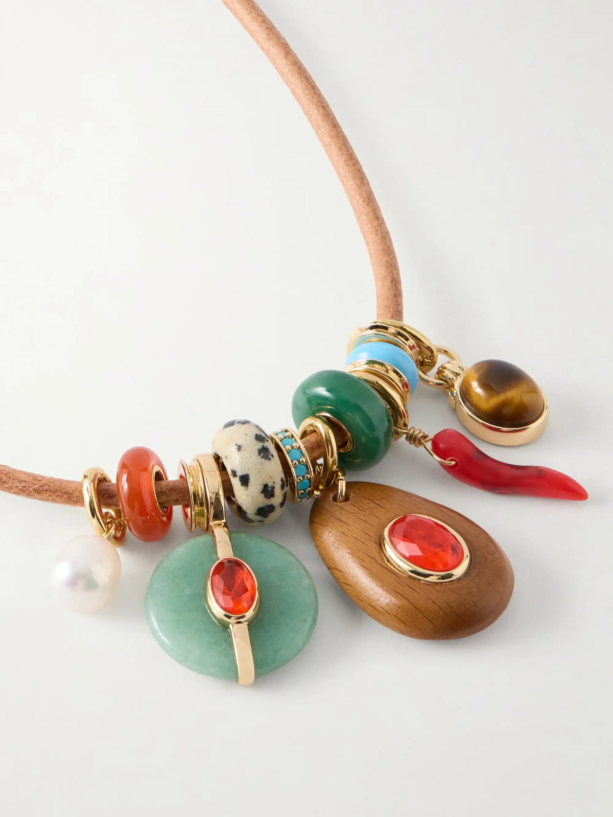 The Leather Stone Gold-tone, Multi-stone And Leather Necklace