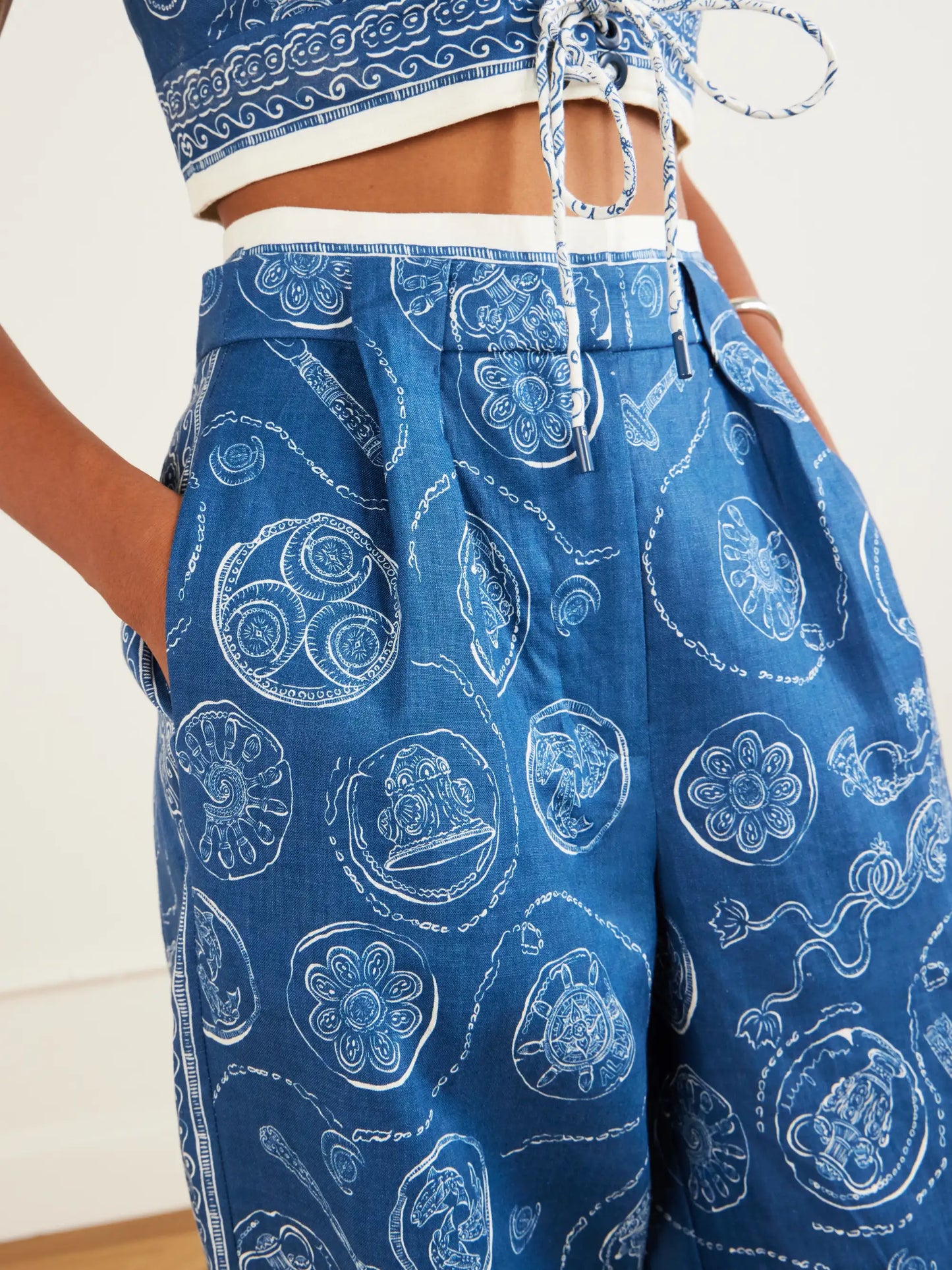 Lucky Pleated Printed Linen Wide-leg Pants