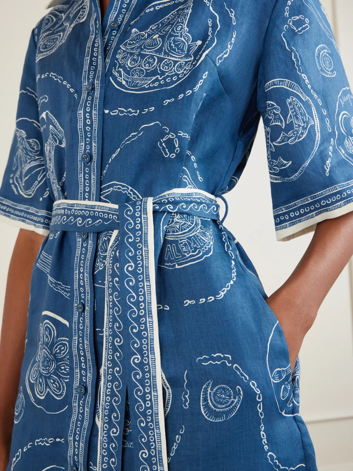 Lucky Belted Printed Linen Mini Dress