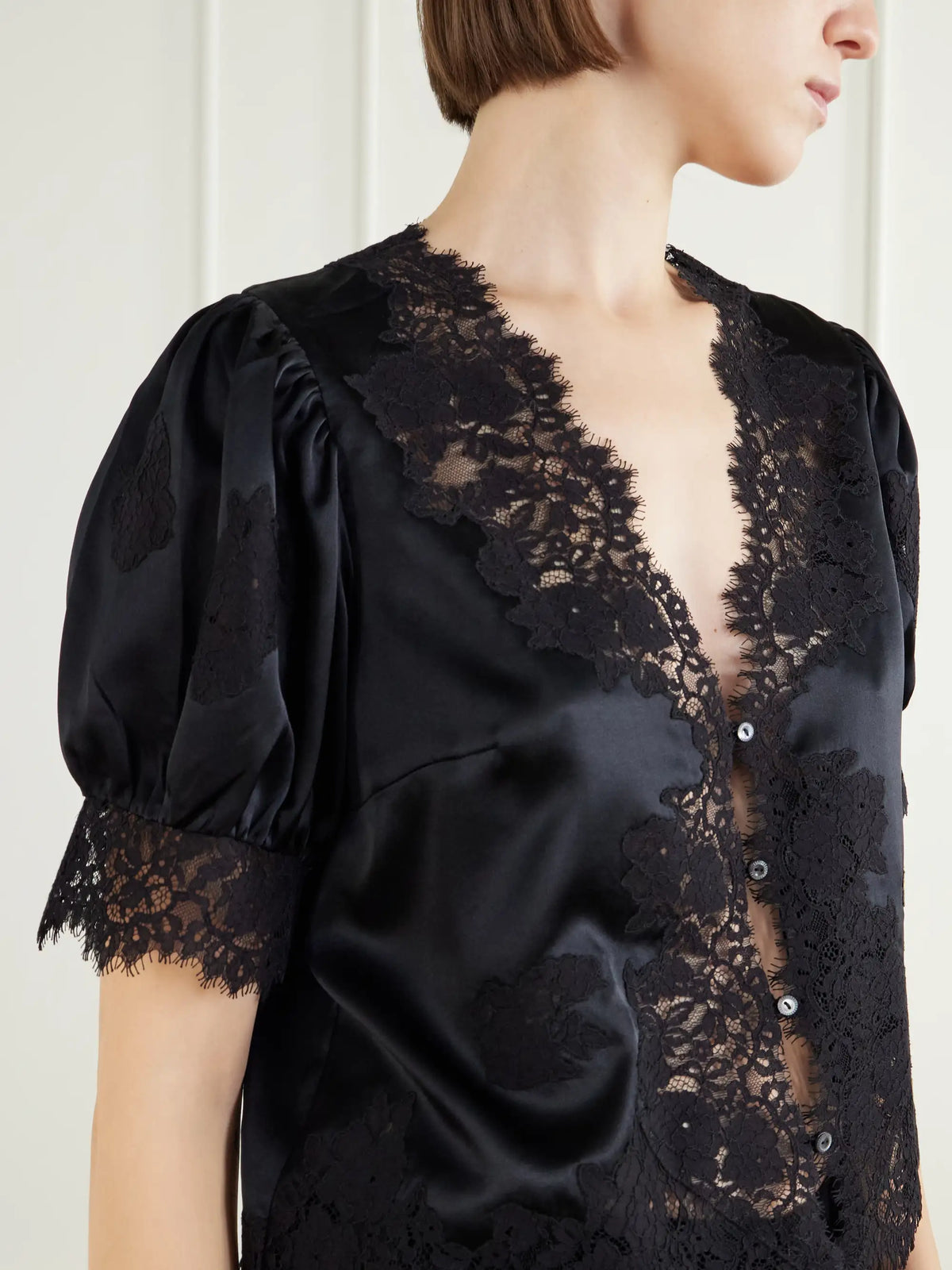 DÔEN Idella Lace-trimmed Silk-satin Blouse