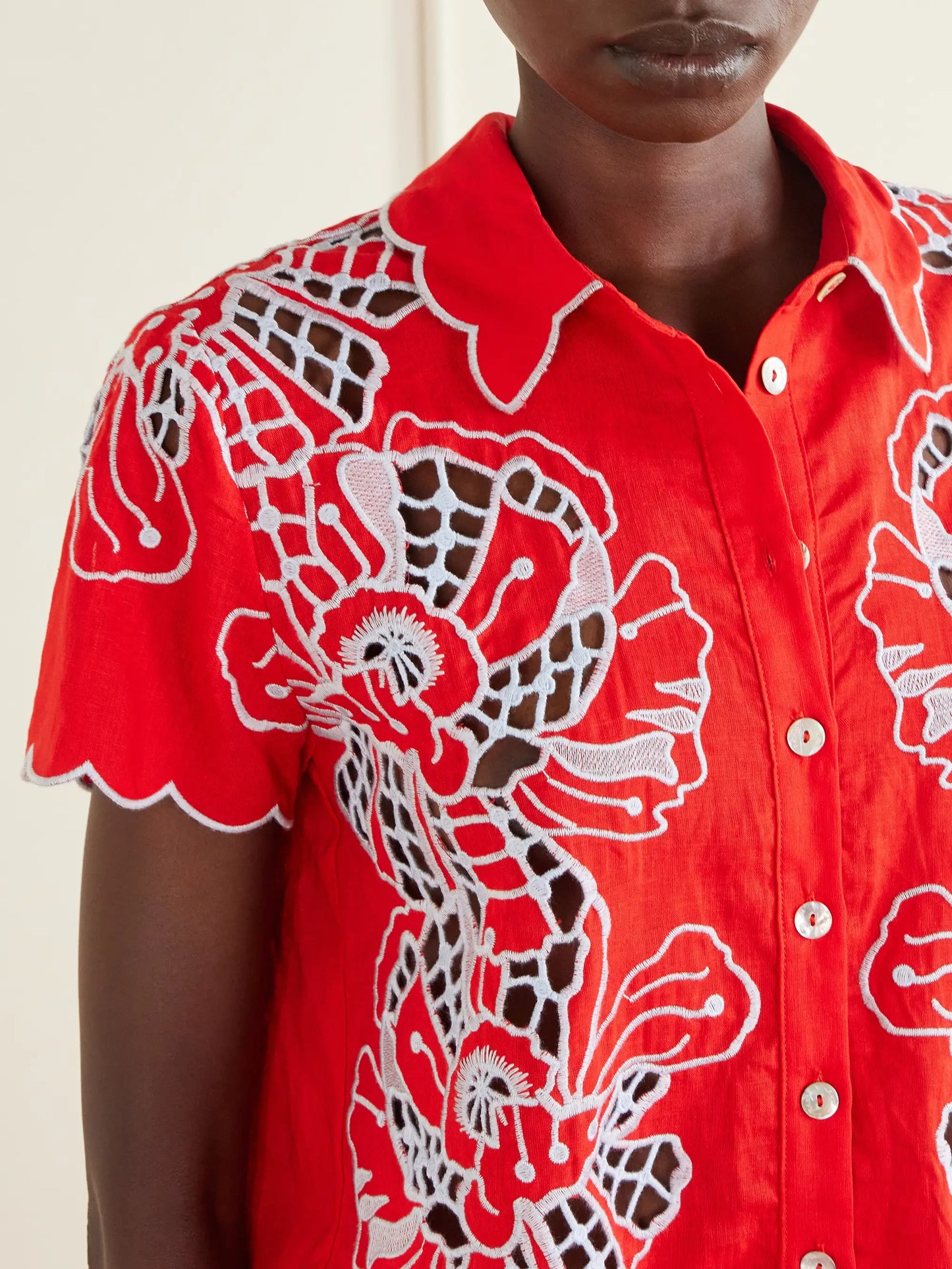 Floral-embroidered Linen-blend Coverup