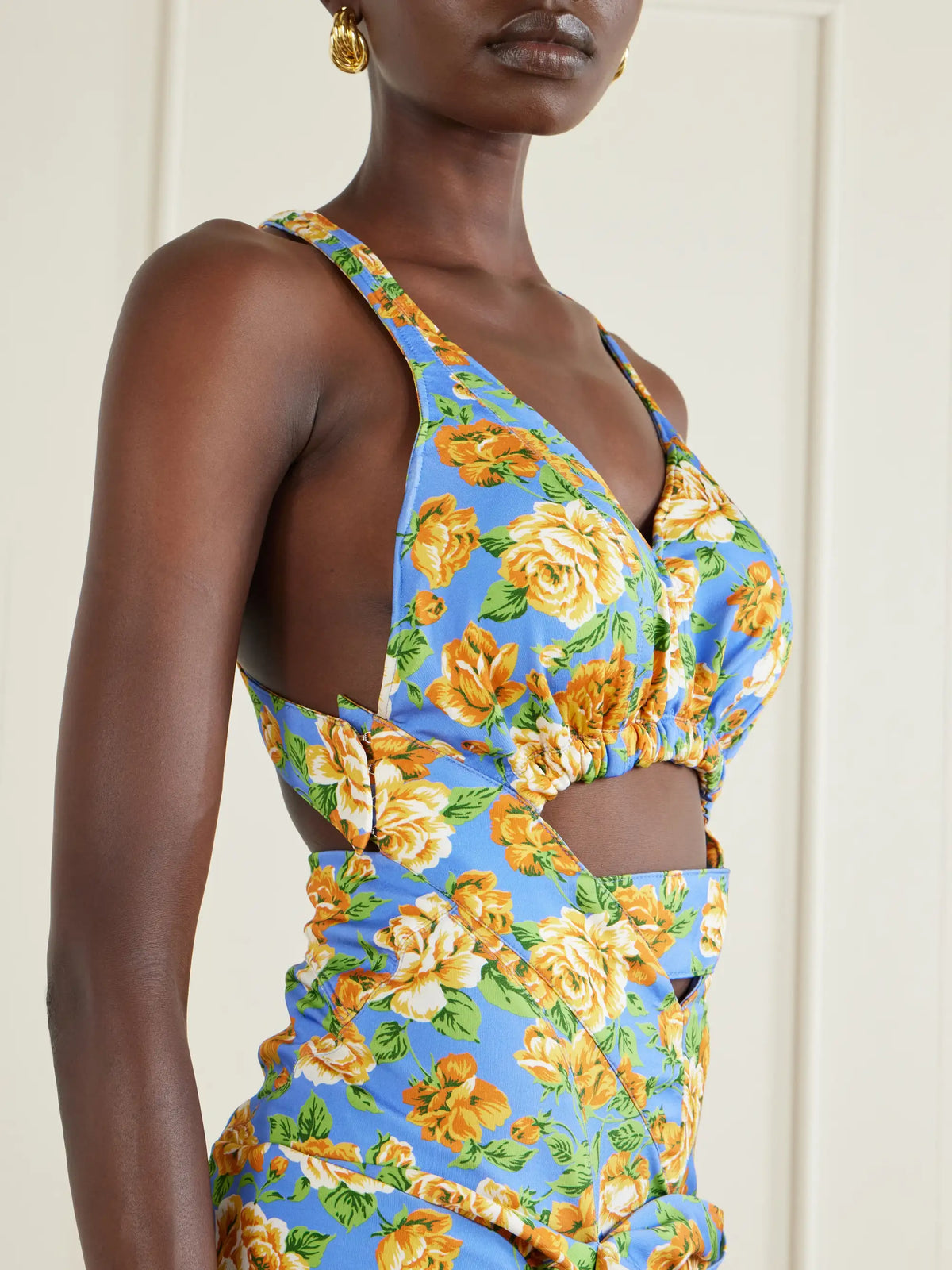 Tie-detailed Cutout Floral-print Stretch-jersey Playsuit