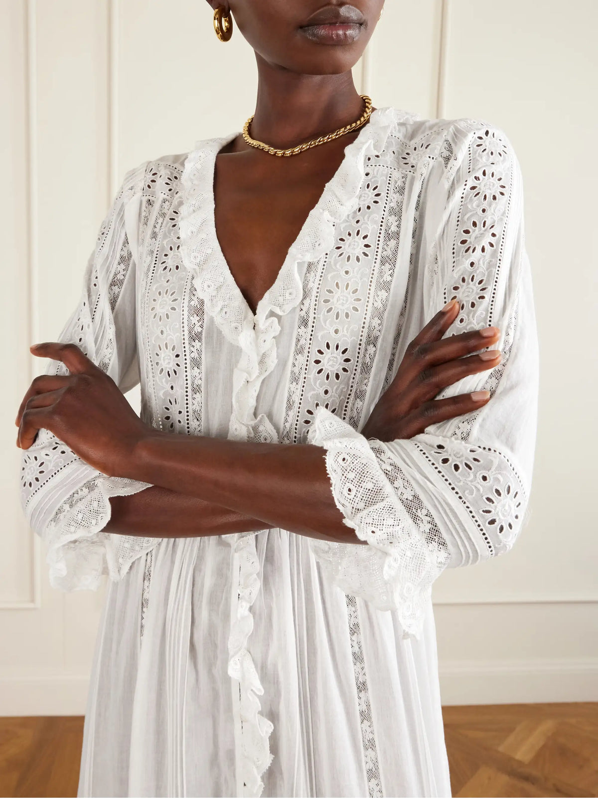 Clemencia Ruffled Lace-trimmed Organic Cotton-voile Midi Dress