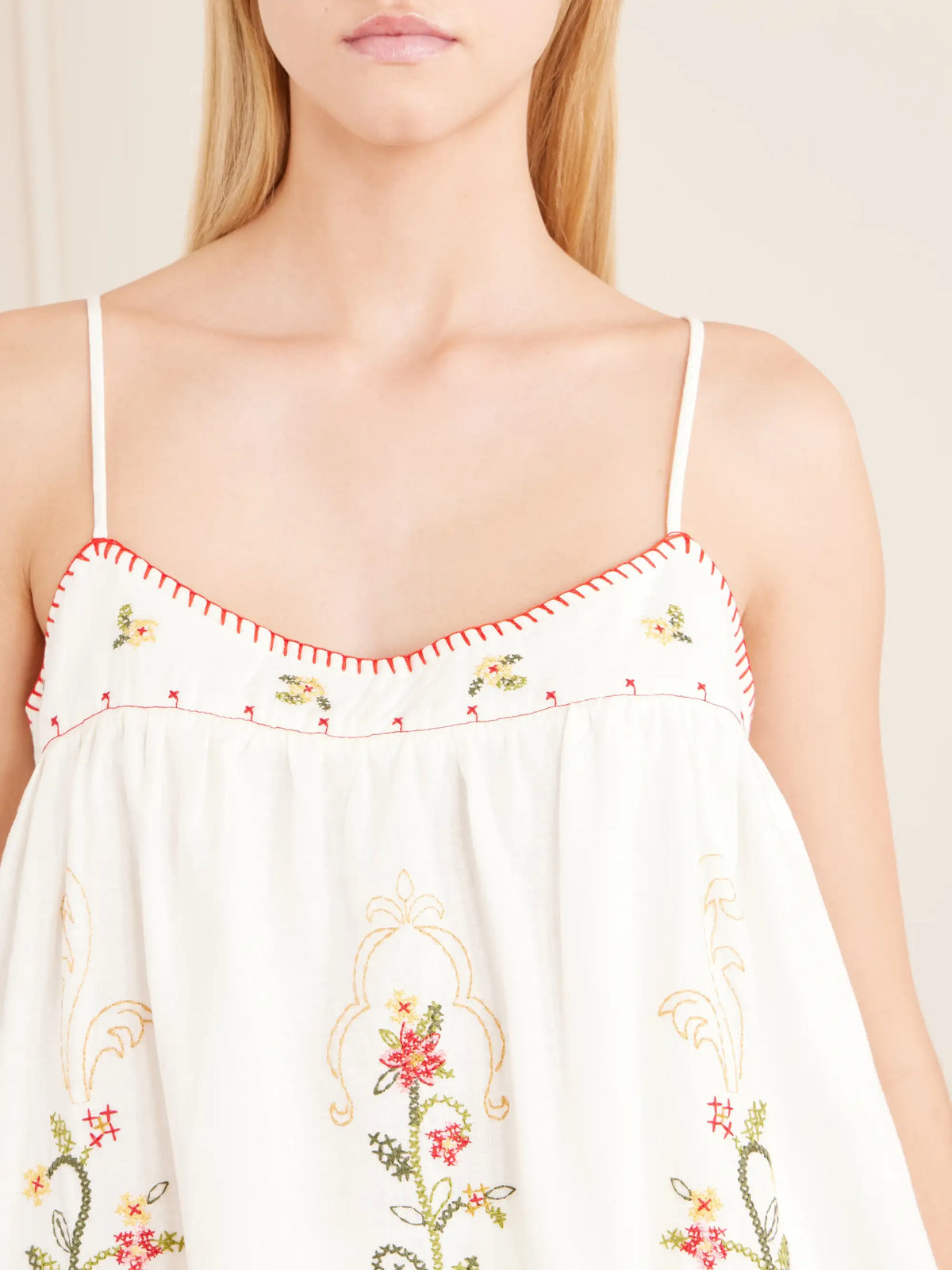 Farm Rio Floral-embroidered Linen-blend Cami