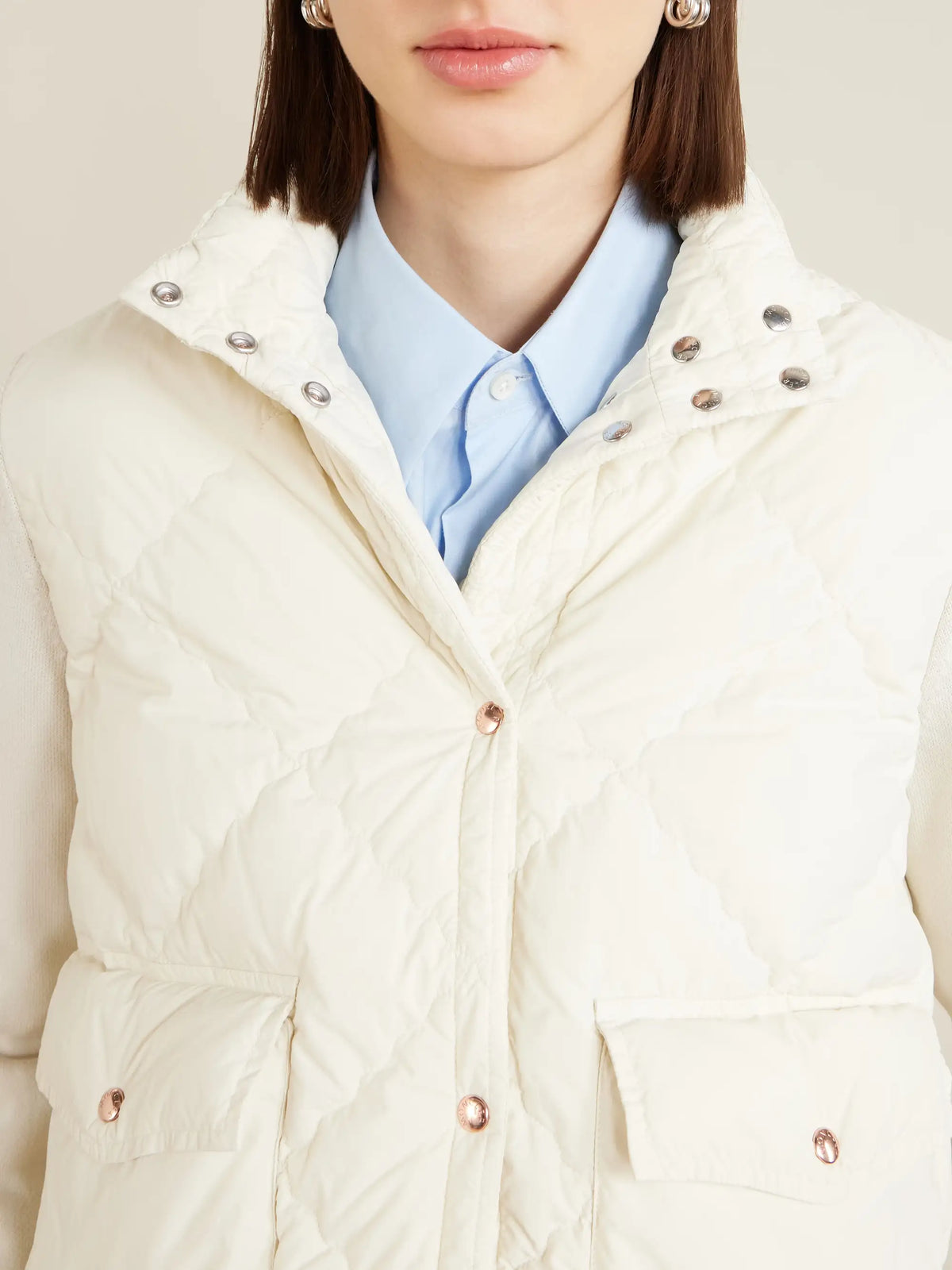 Cropped Knitted And Padded Quilted Shell Down Cardigan