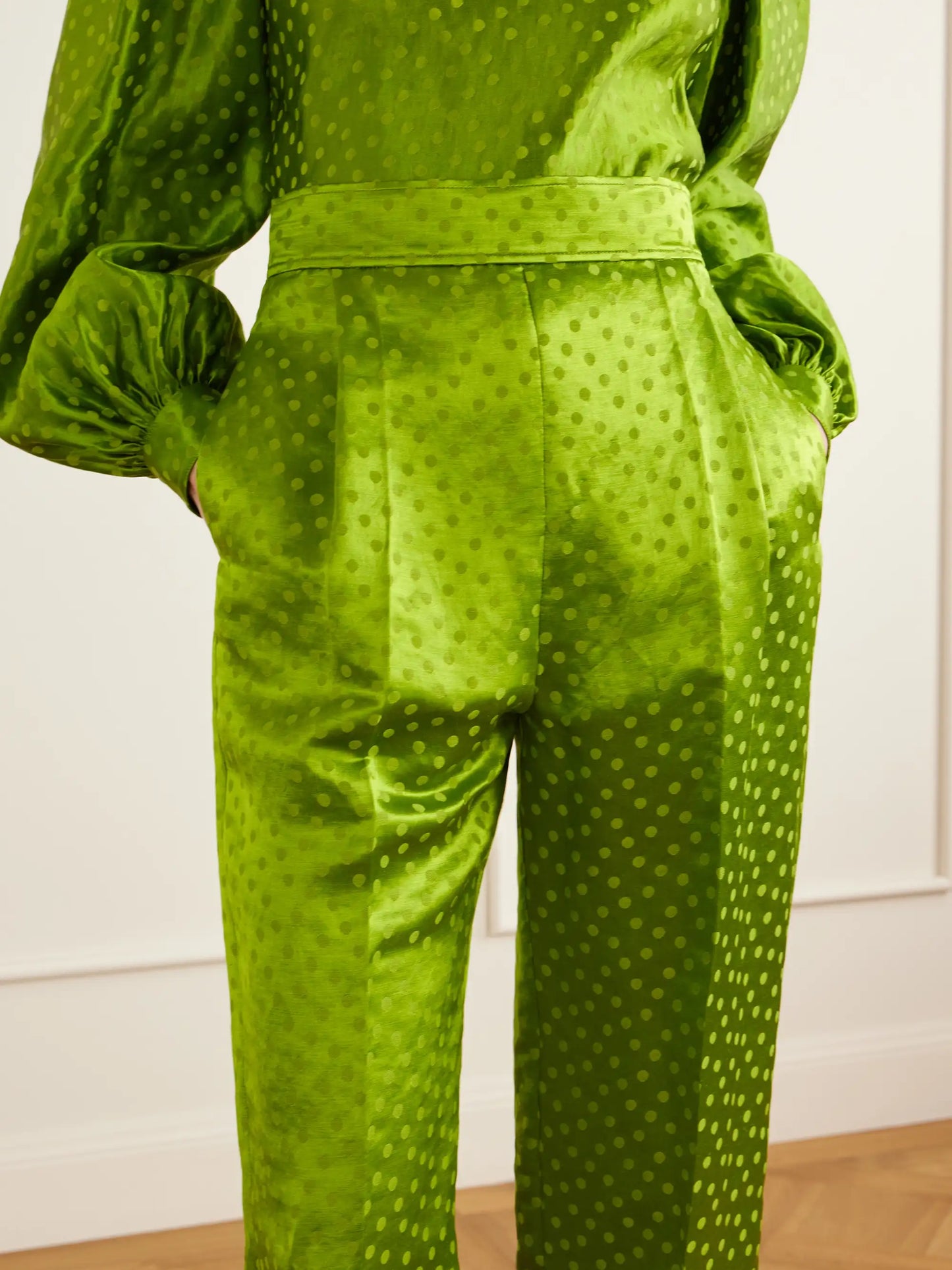 Polka-dot Jacquard Linen And Silk-blend Straight-leg Pants