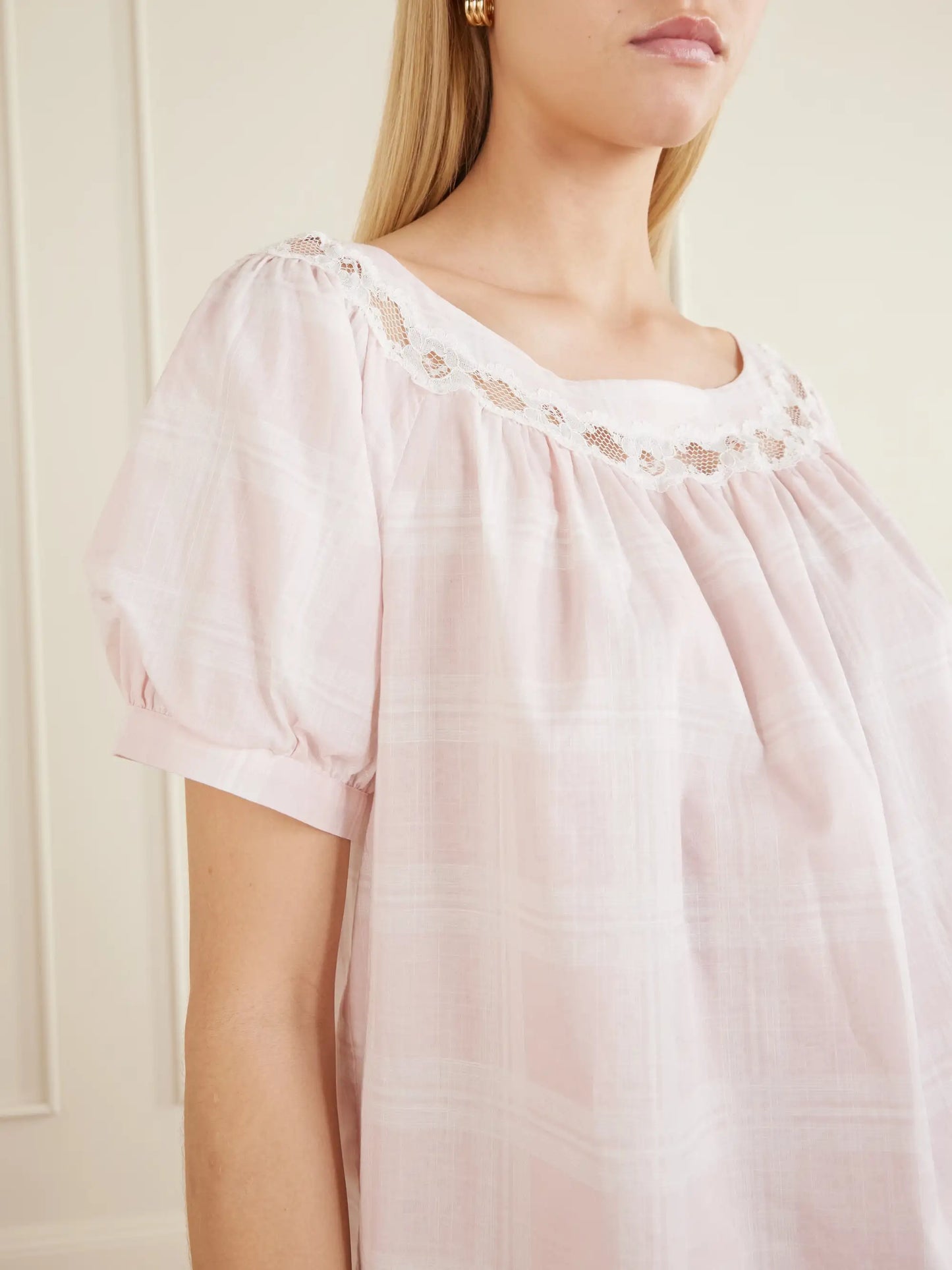 Marilyn Lace-trimmed Checked Cotton Blouse