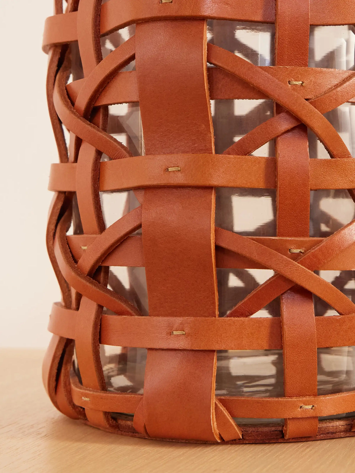 Preston Mini Woven Leather And Glass Hurricane Candle Holder
