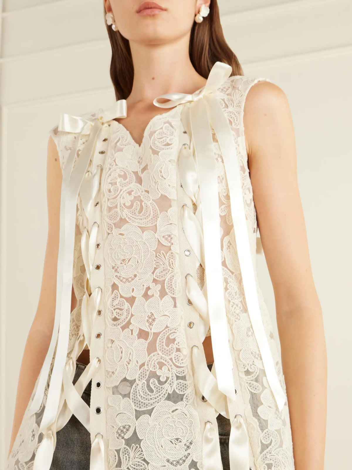 Simone Rocha Unraveling Ribbon Portrait Bow-detailed Lace Top