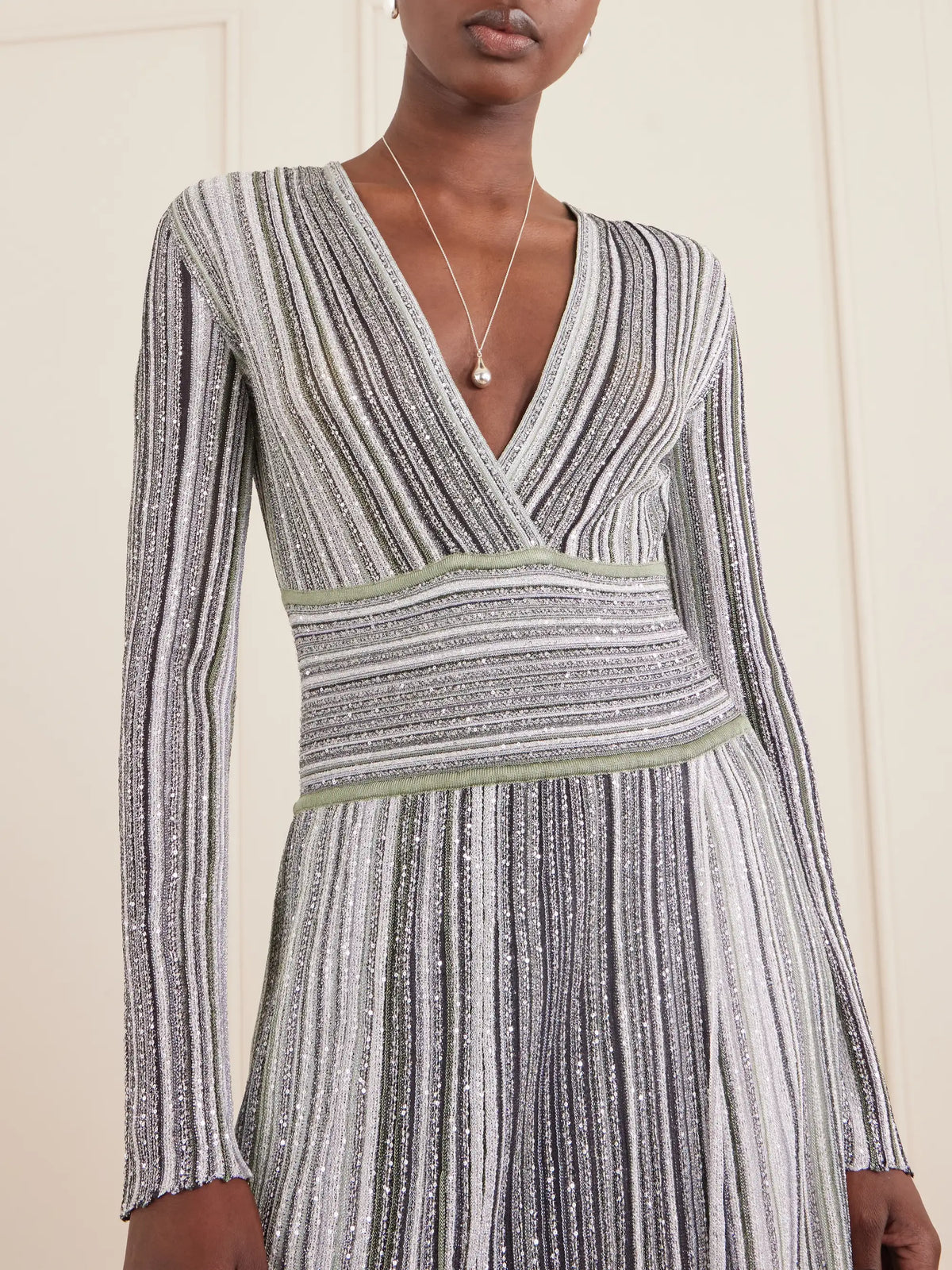 Striped Sequin-embellished Metalic Crochet-knit Maxi Dress