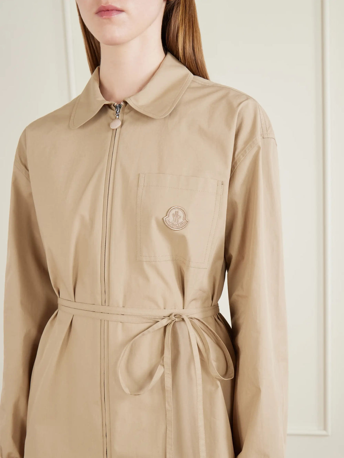 Belted Appliquéd Cotton-poplin Zip-up Shirt