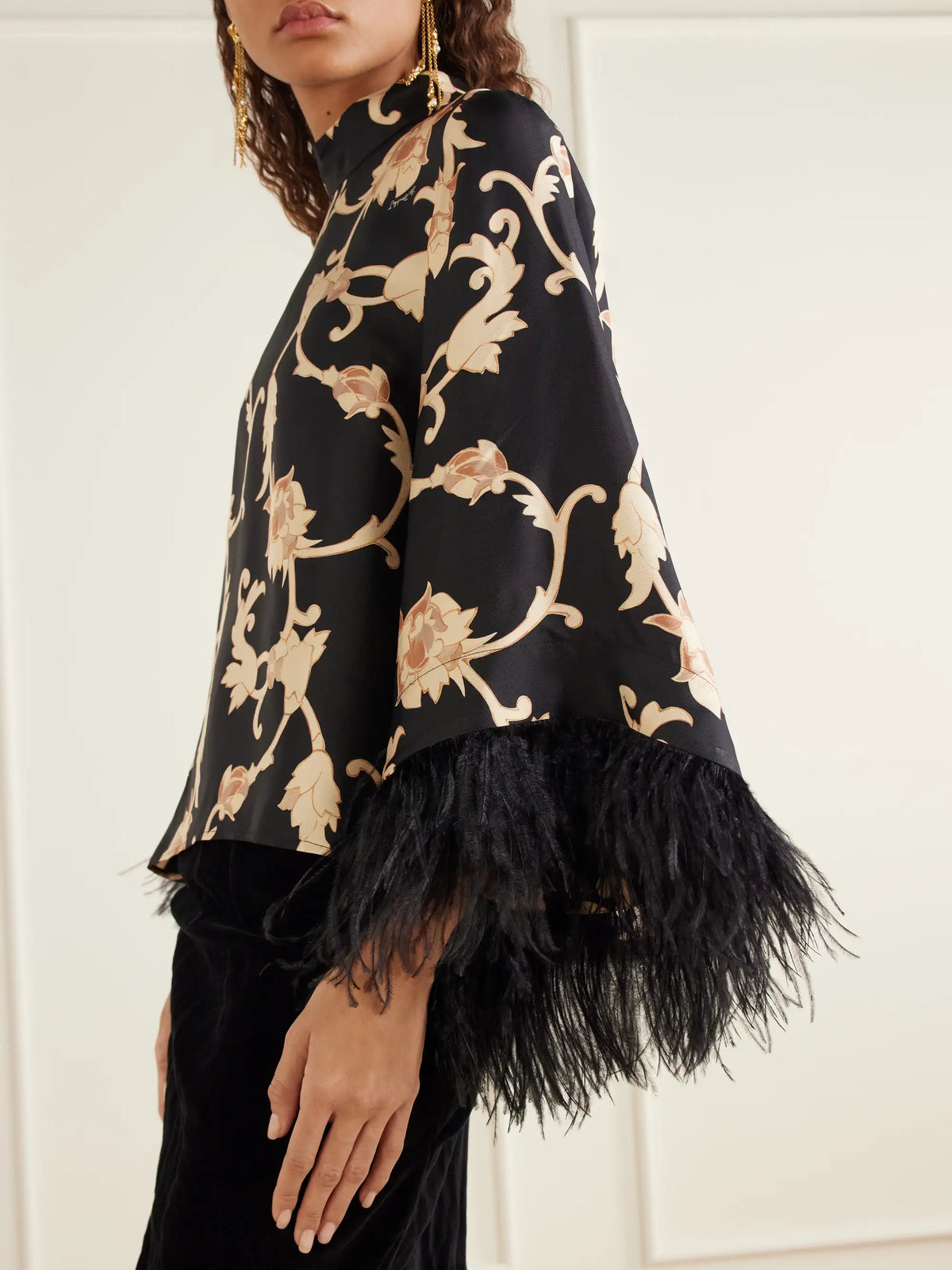 La DoubleJ Make An Exit Feather-trimmed Printed Silk-twill Blouse