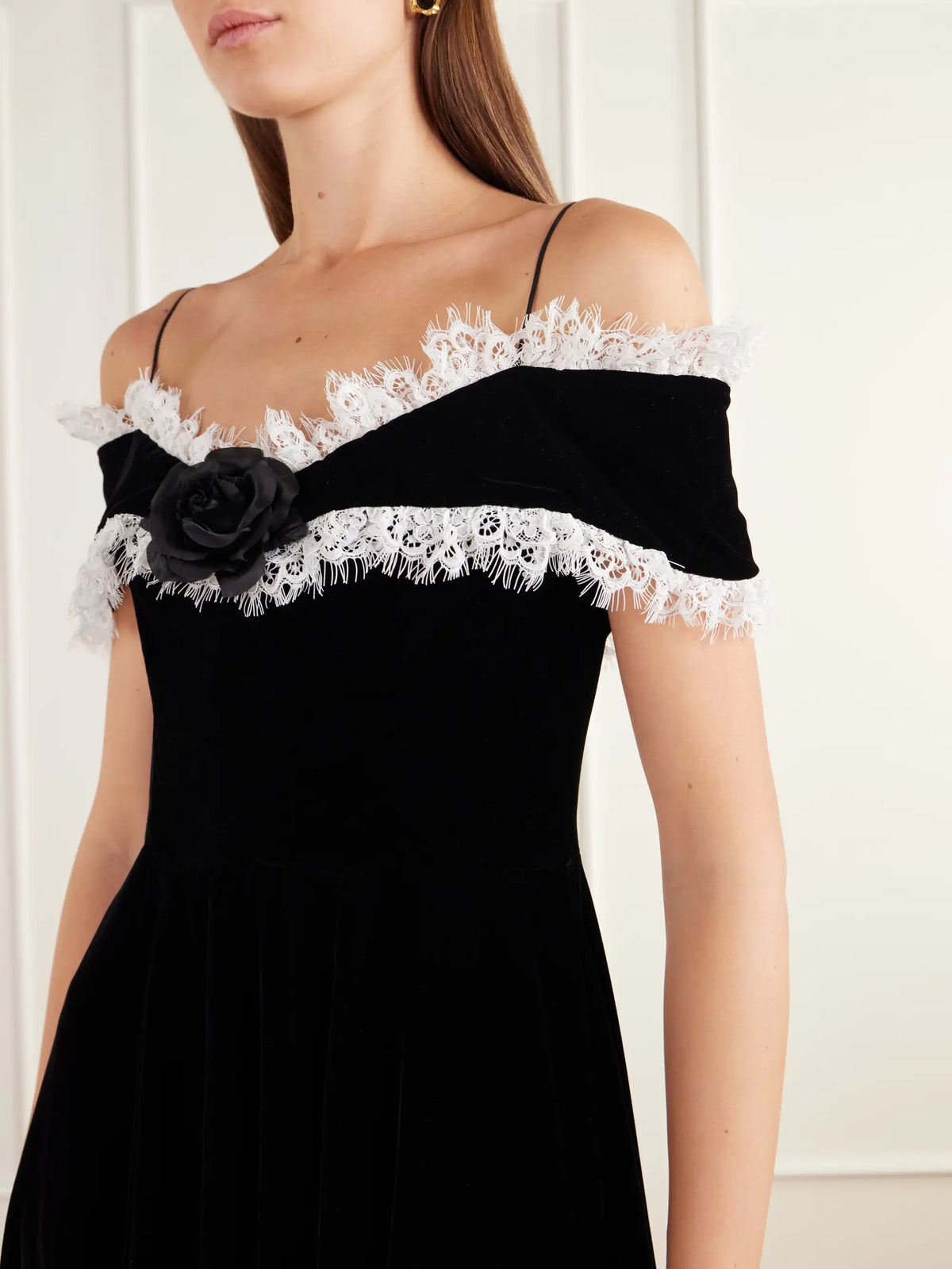 Rodarte Off-the-shoulder Lace-trimmed Velvet Midi Dress