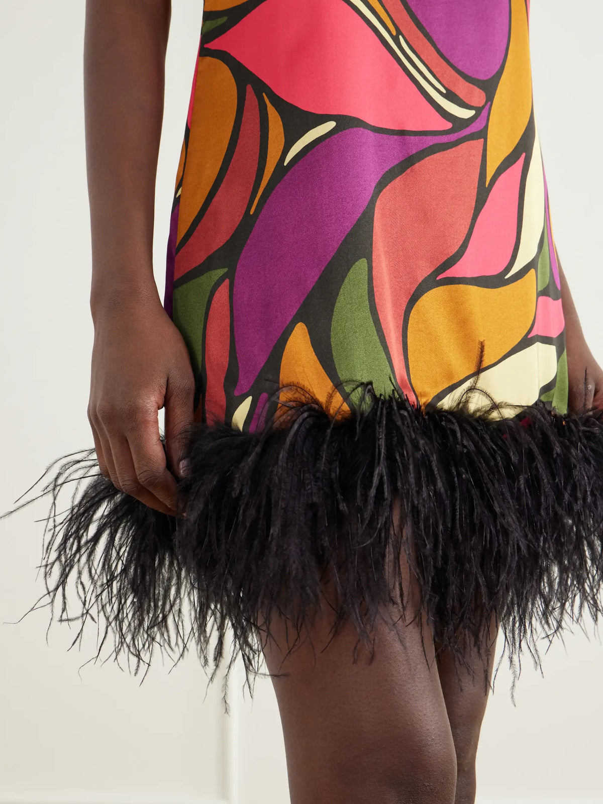 Cala de la Cruz Feather-embellished Printed Satin Mini Dress