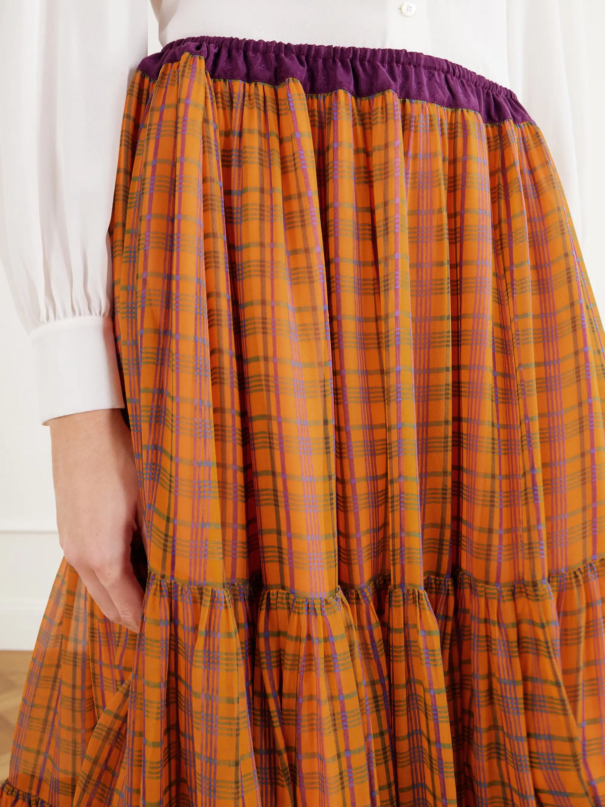 Chloé Ruffled Tiered Checked Silk-mousseline Midi Skirt