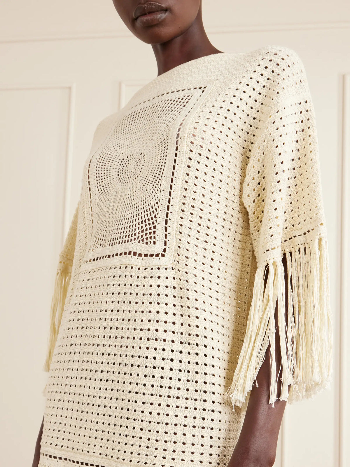 Indra Fringed Crocheted Cotton Mini Dress
