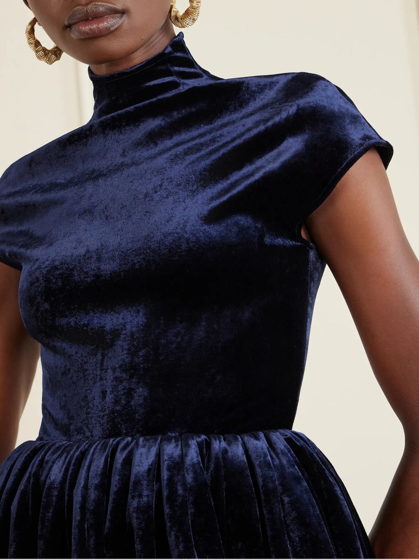 Pleated Velvet Turtleneck Mini Dress