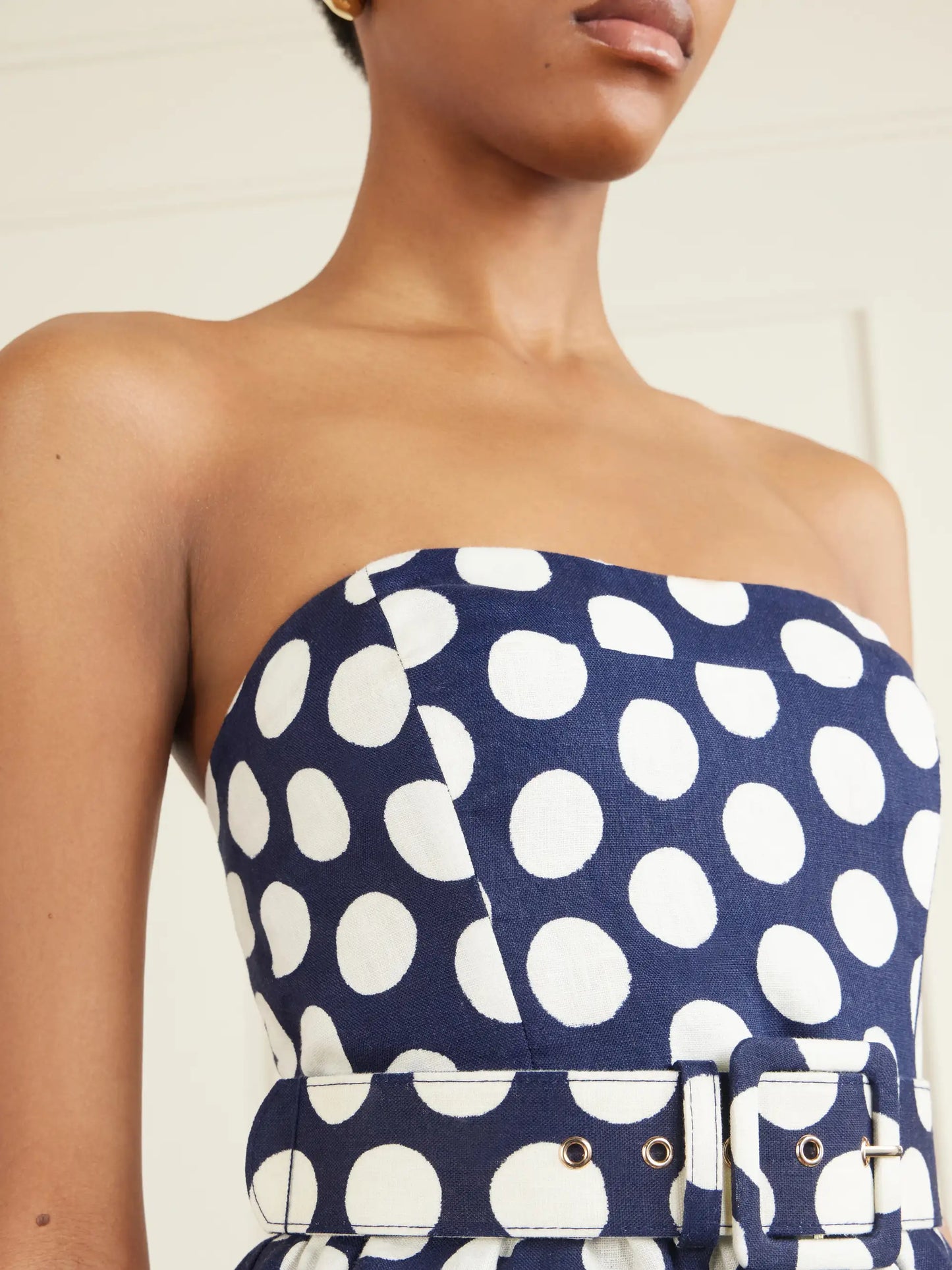Tilda Strapless Belted Peplum Polka Dot Linen Top