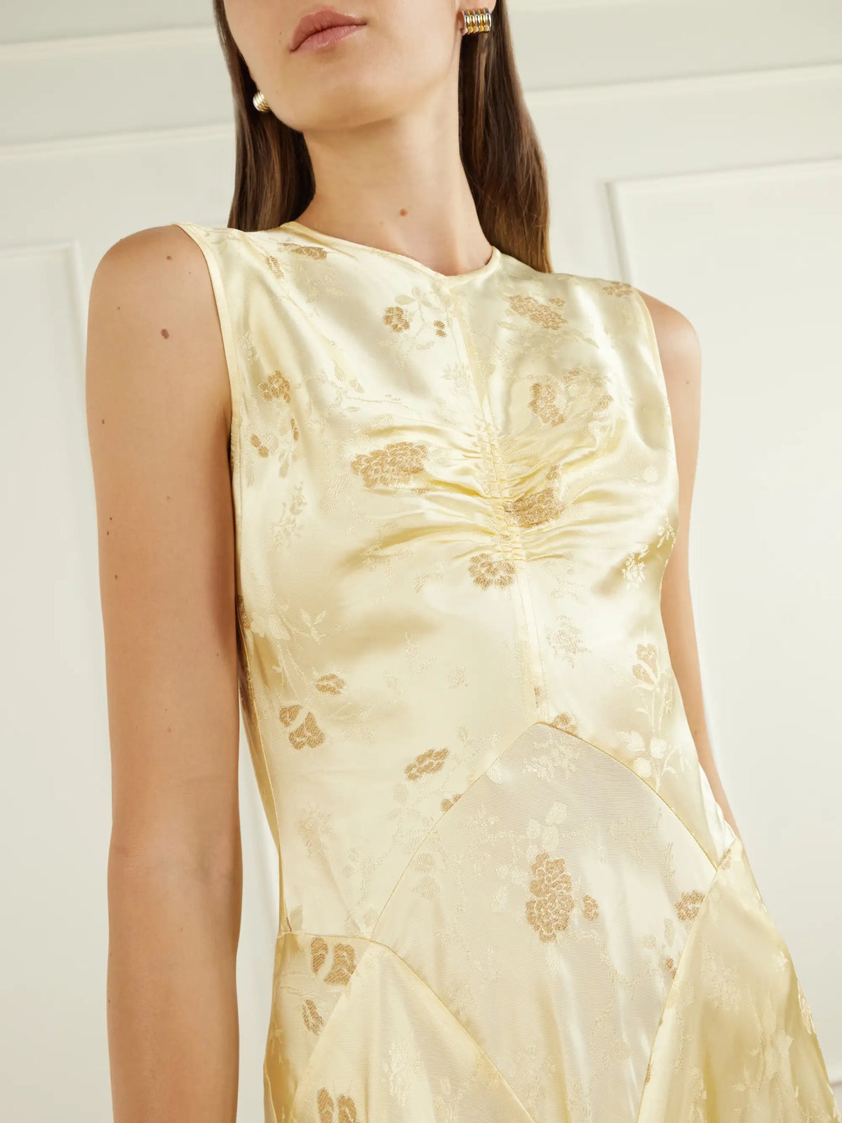 DÔEN Ginette Paneled Floral Satin-jacquard Midi Dress