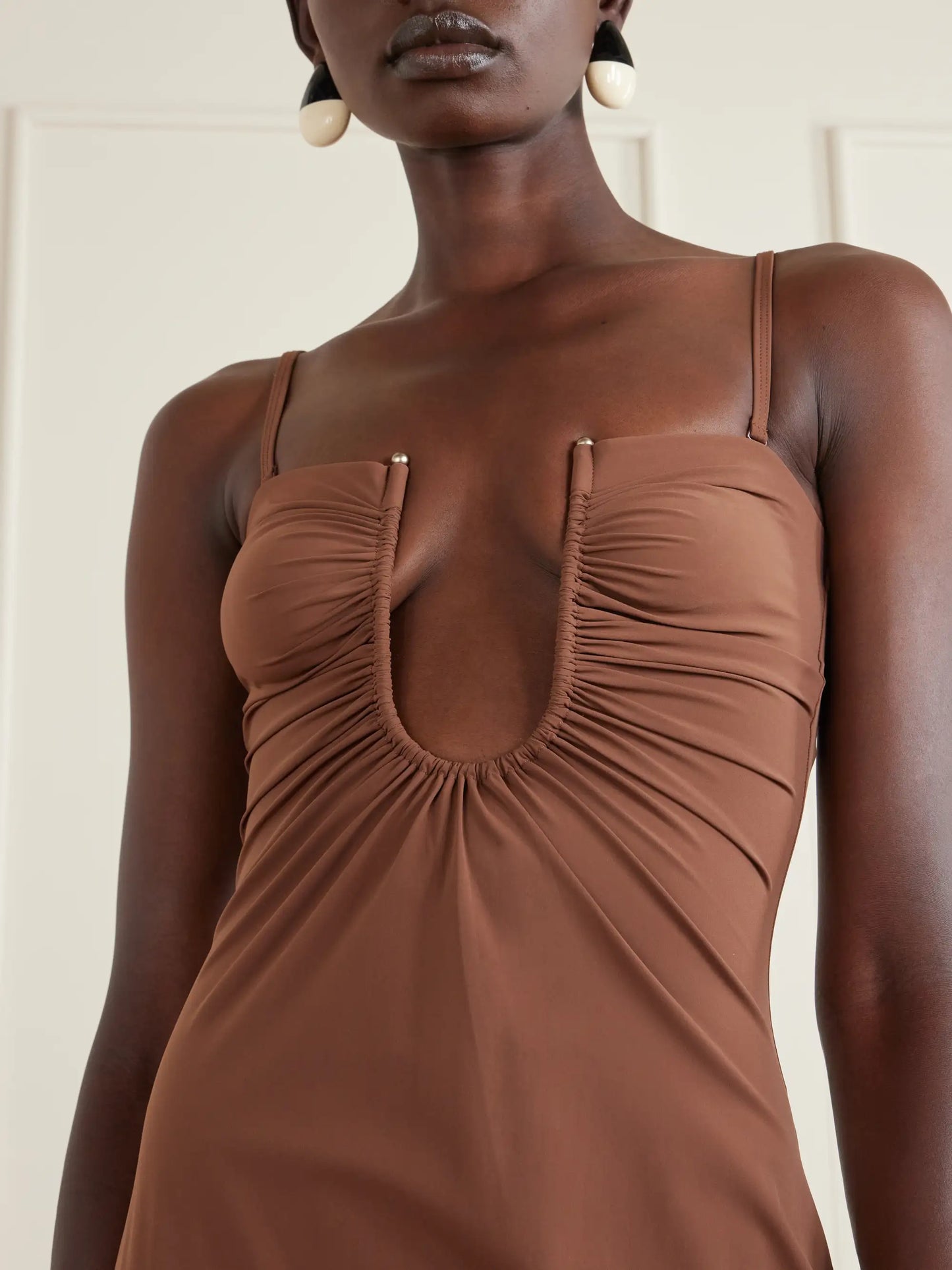 Arced Ruched Satin Maxi Dress