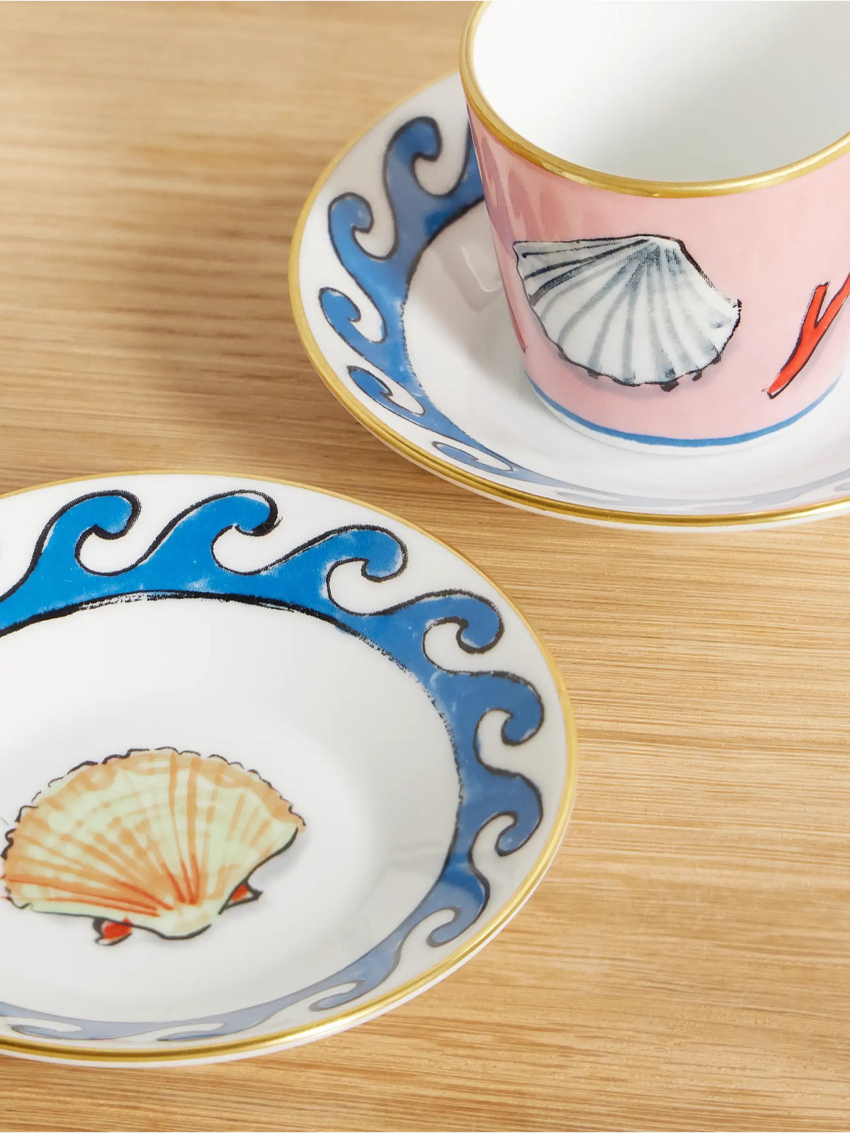+ Luke Edward Hall Il Viaggio Di Nettuno Set Of Two Gold-plated Porcelain Coffee Cups And Saucers