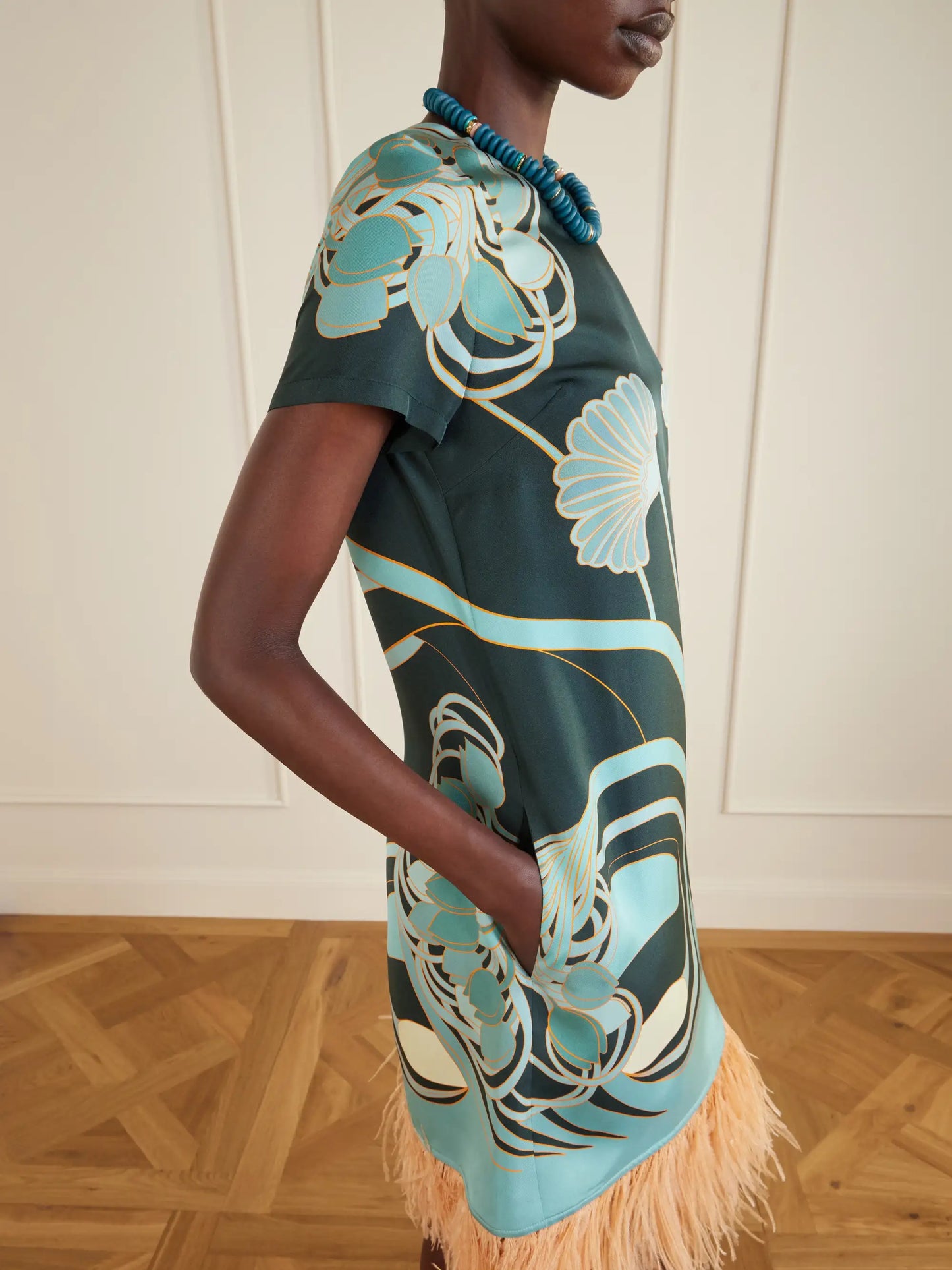 Swing Printed Feather-trimmed Silk-twill Mini Dress