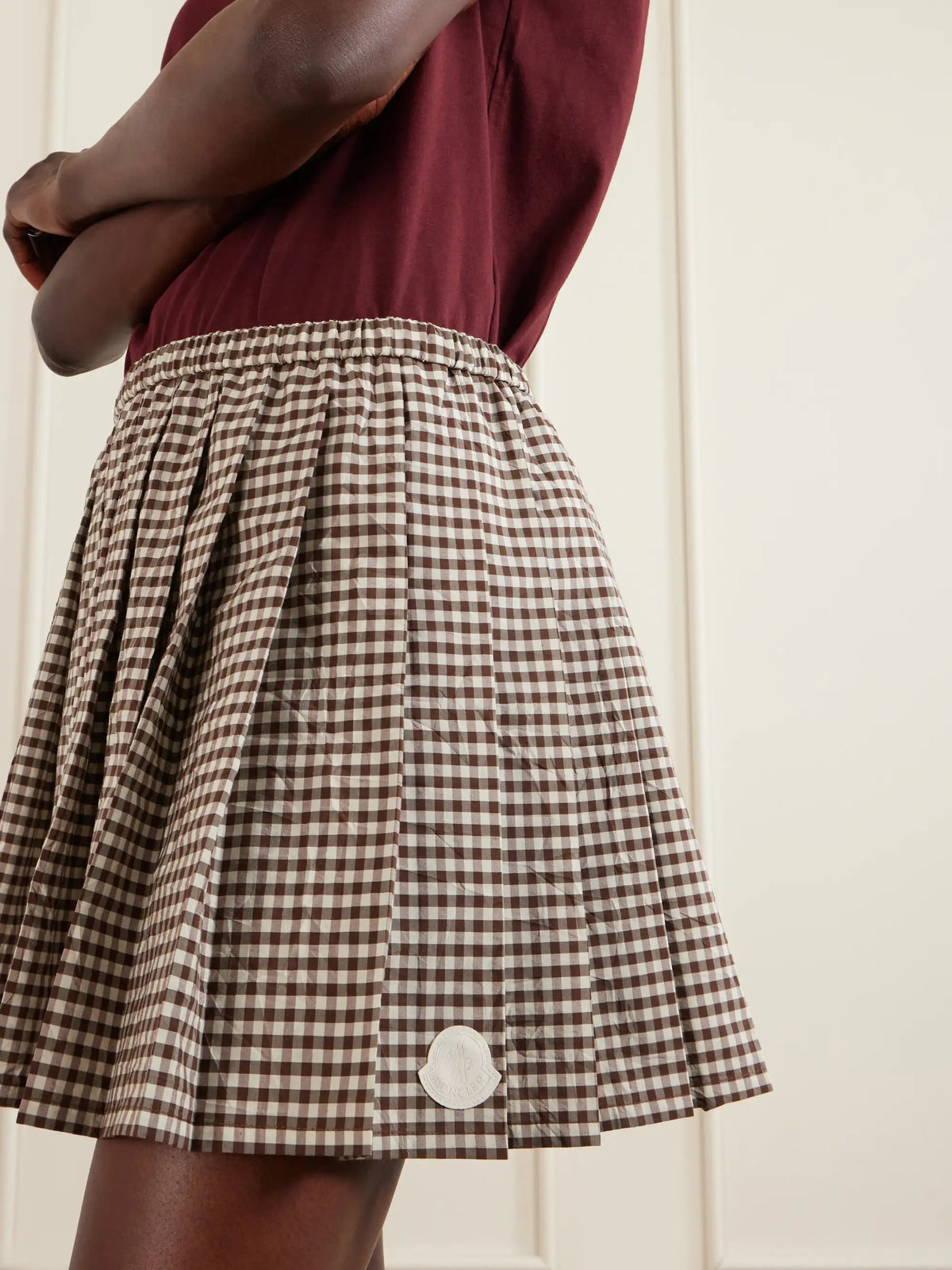 Appliquéd Pleated Gingham Cotton-blend Mini Skirt