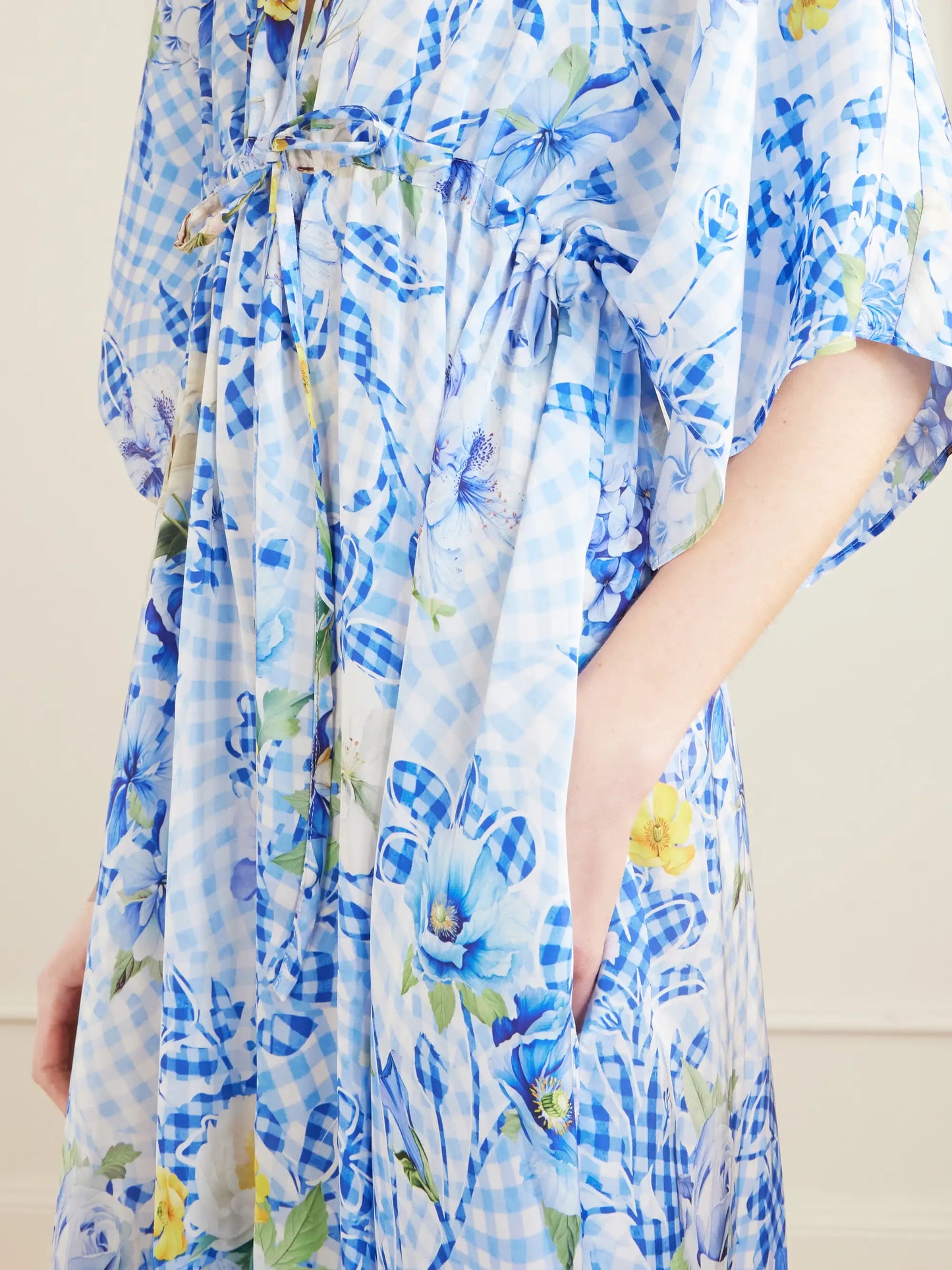 Taormina Checked Floral-print Satin Kaftan