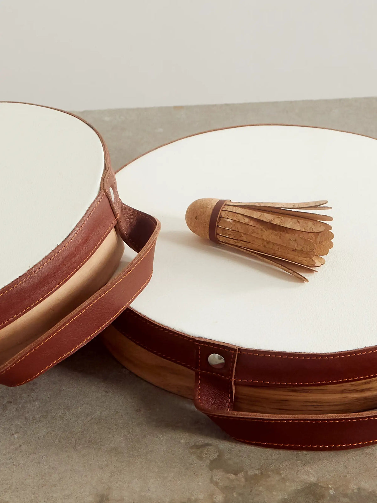 Walnut Wood, Leather And Cork Tamburello Set