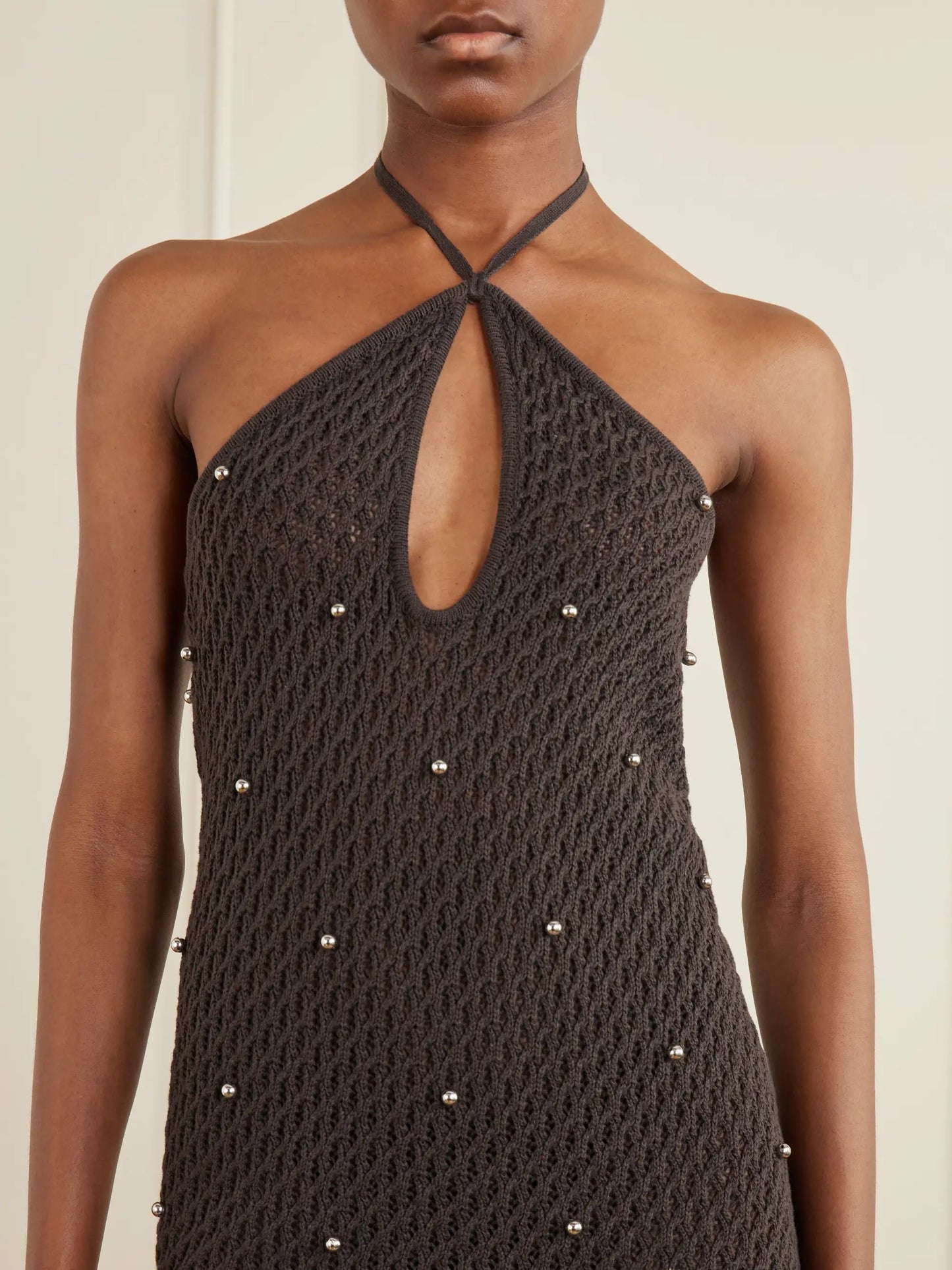 Isola Embellished Crocheted Cotton Halterneck Mini Dress