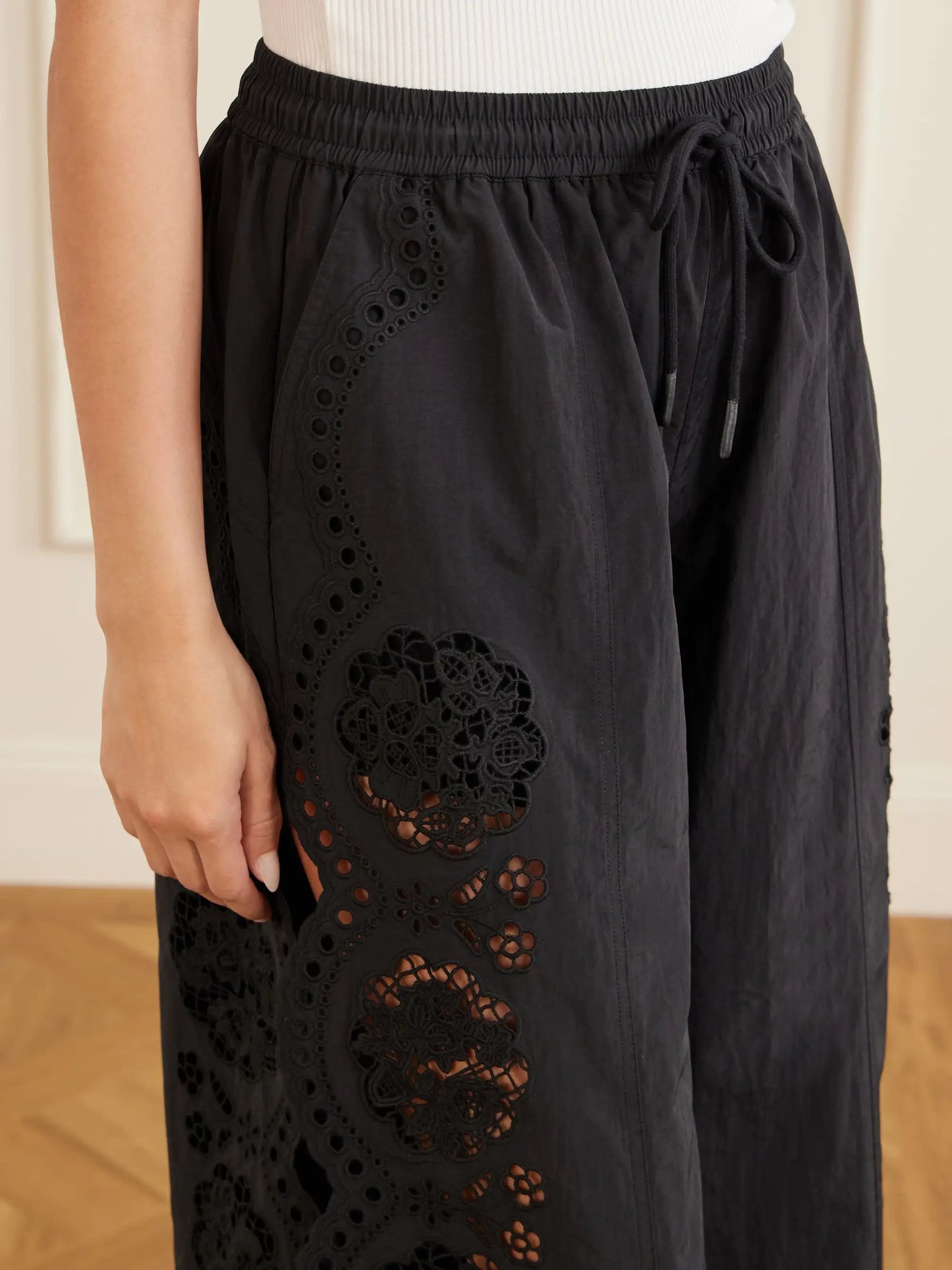 Vittoria Broderie Anglaise-trimmed Shell Wide-leg Pants