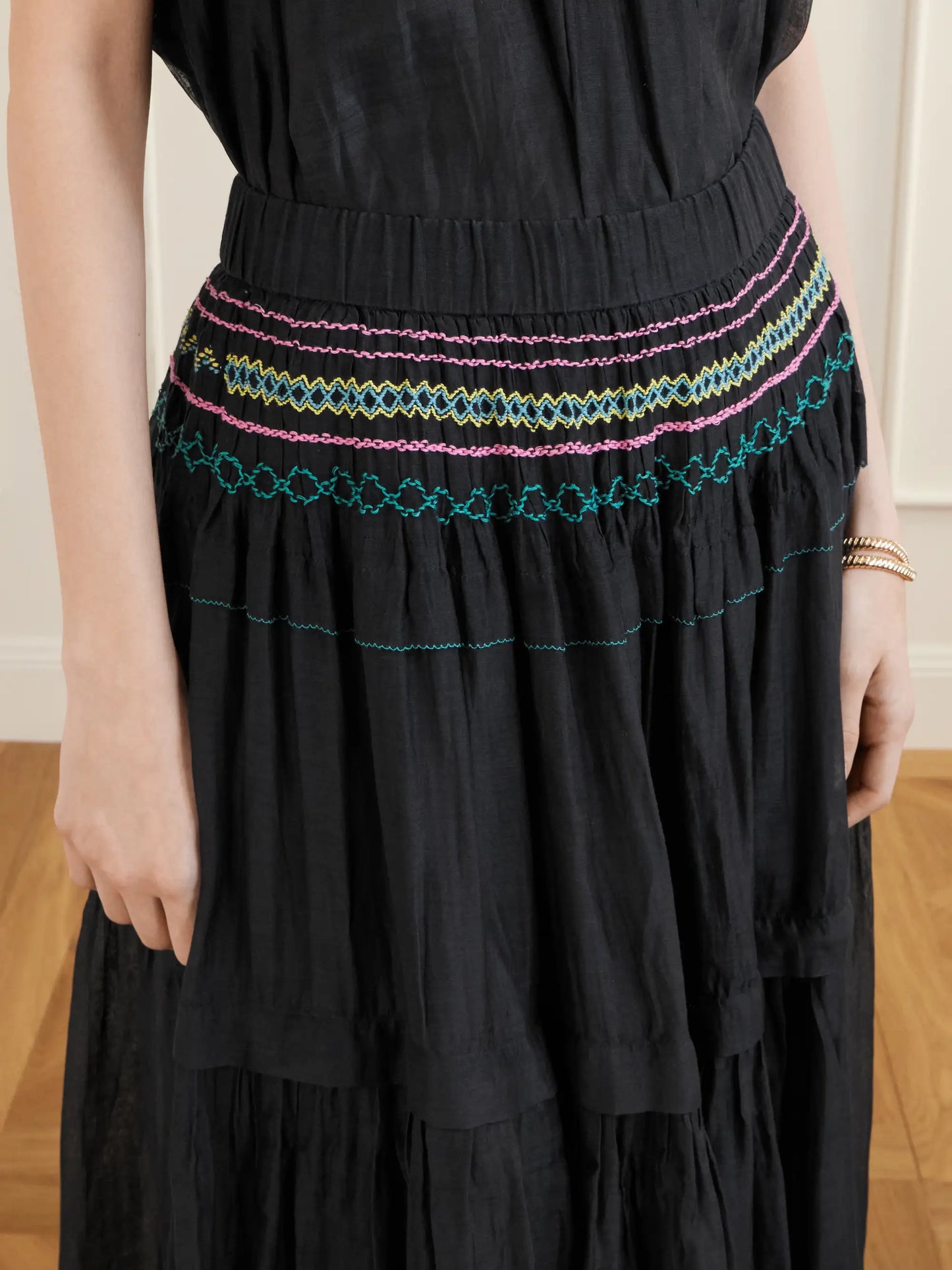 Munro Gathered Tiered Smocked Cotton And Silk-blend Voile Midi Skirt