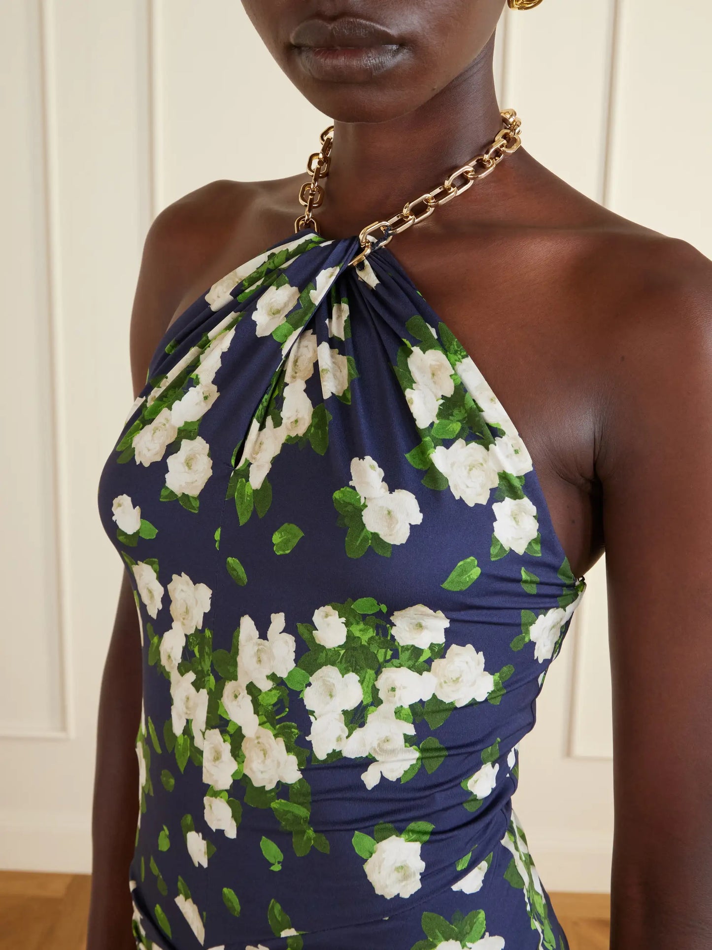 Floral-print Embellished Satin Halterneck Midi Dress
